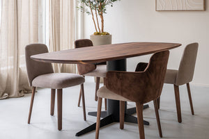 Deens ovale notenhouten eettafel dex, Léi eetkamerstoelen beige notenstoelpoten,