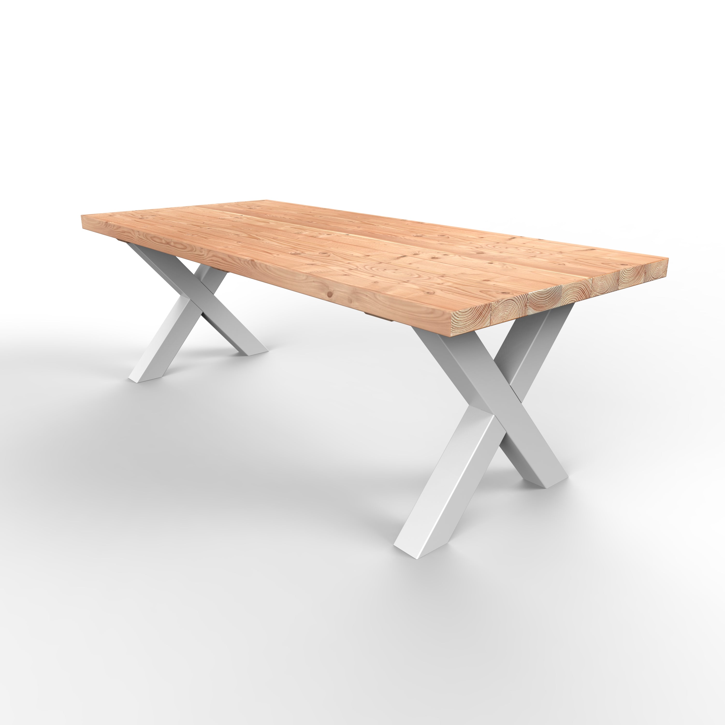 Rechthoekige douglas tuintafel met witte stalen X-poten