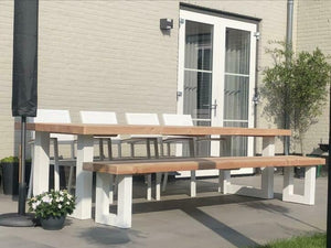 Tuinset douglas tafel en bank met stalen U-poten wit gepoedercoat zijkant