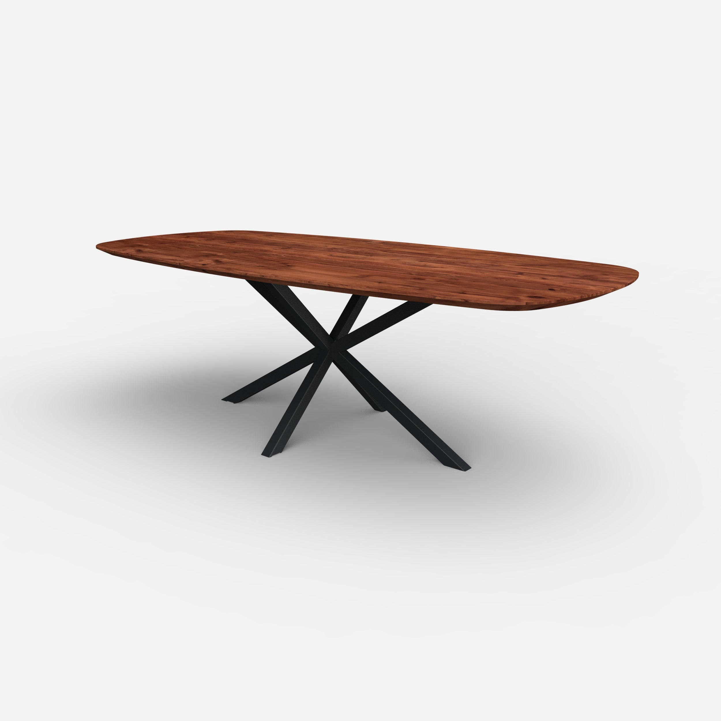 Deens ovale notenhouten eettafel matrix 5x5cm, massief notenhouten tafelblad, massief walnoten hout, metaal kruispoot 5x5cm, tafel op maat