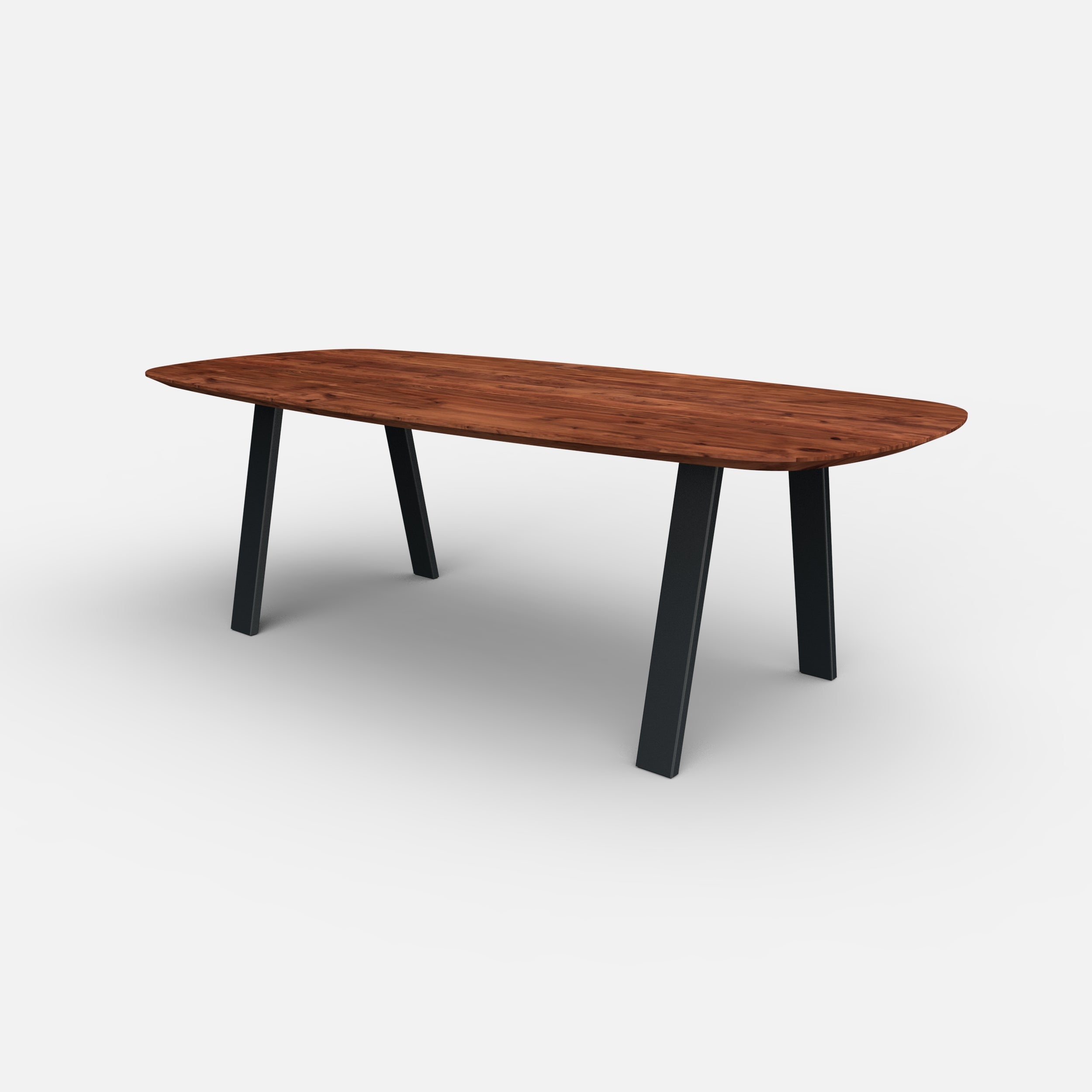 Deens ovale notenhouten eettafel trapezium, massief notenhouten tafelblad, walnoten hout, trapezium tafelpoten metaal, tafel op maat