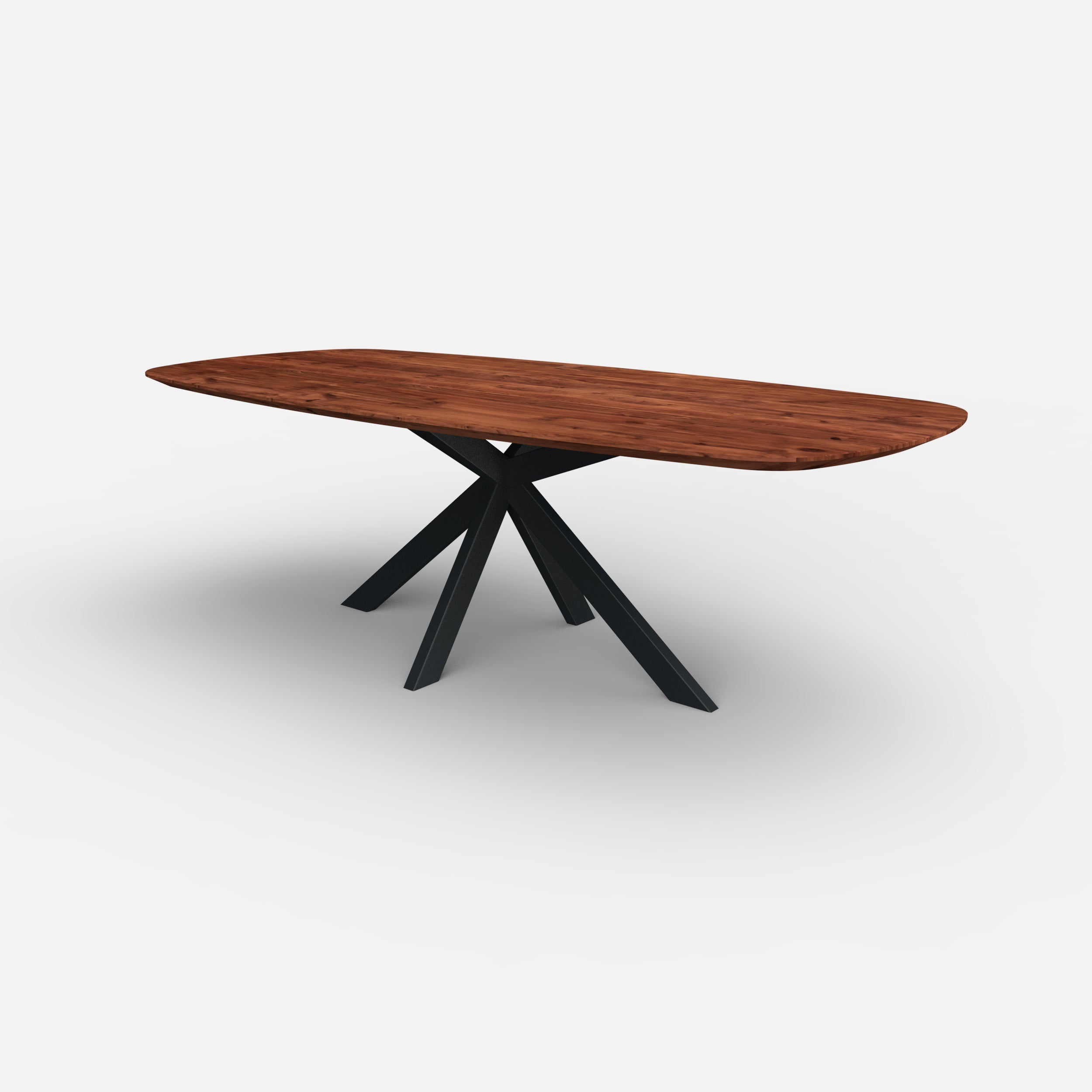 Deens ovale notenhouten eettafel trevis, massief notenhouten tafelblad, walnoten hout, trevis onderstel metaal, tafel op maat