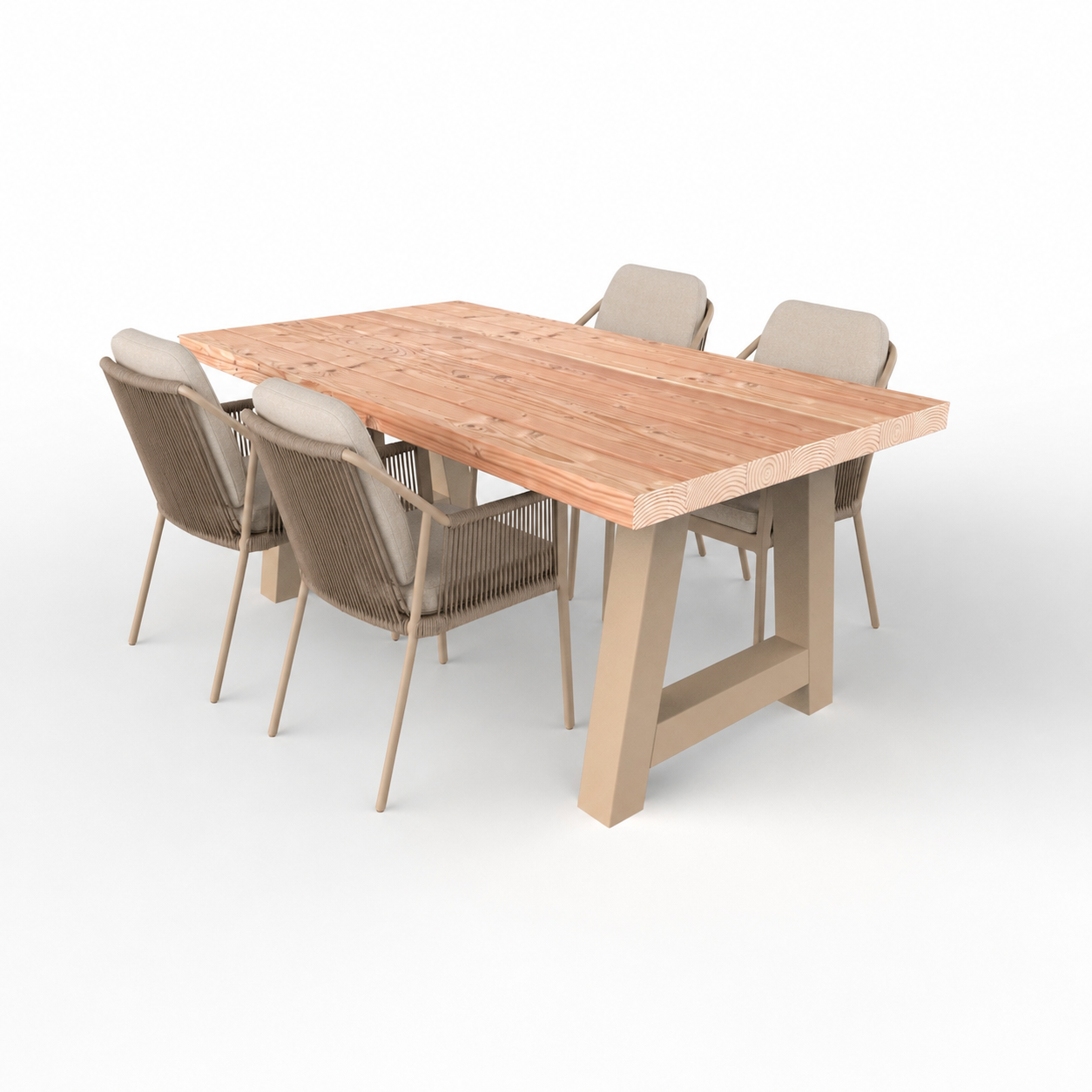 Tuinset douglas hout met stalen a-poten, 4 tuinstoelen liv champagne