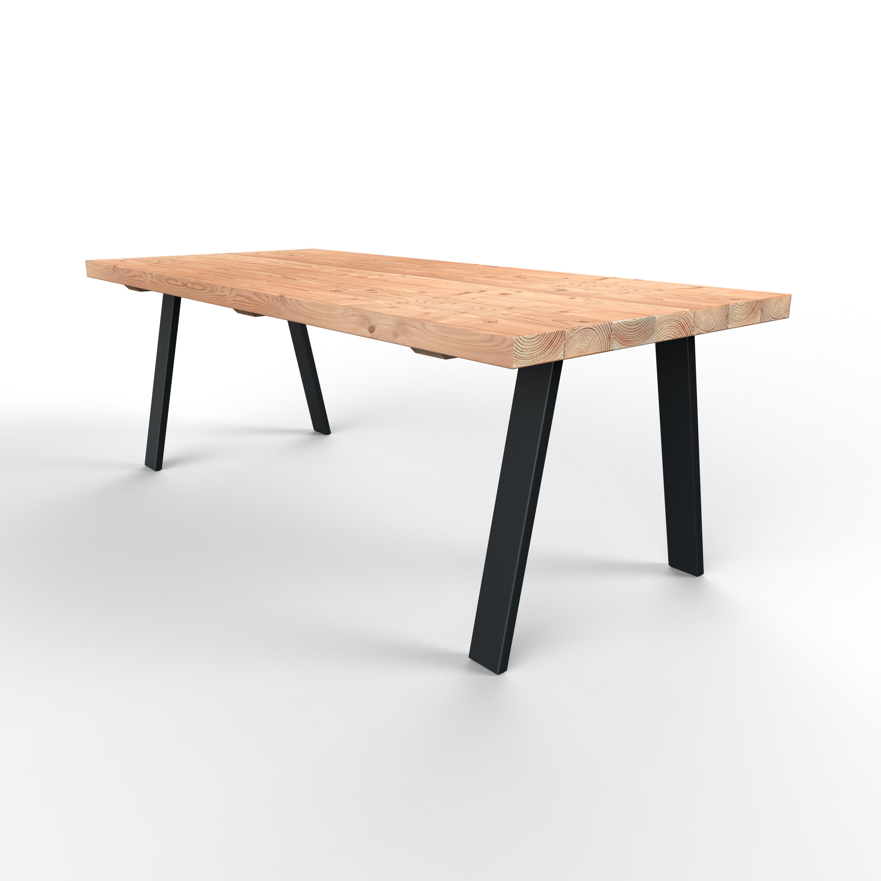 Rechthoekige douglas tuintafel zwarte stalen trapezium poten