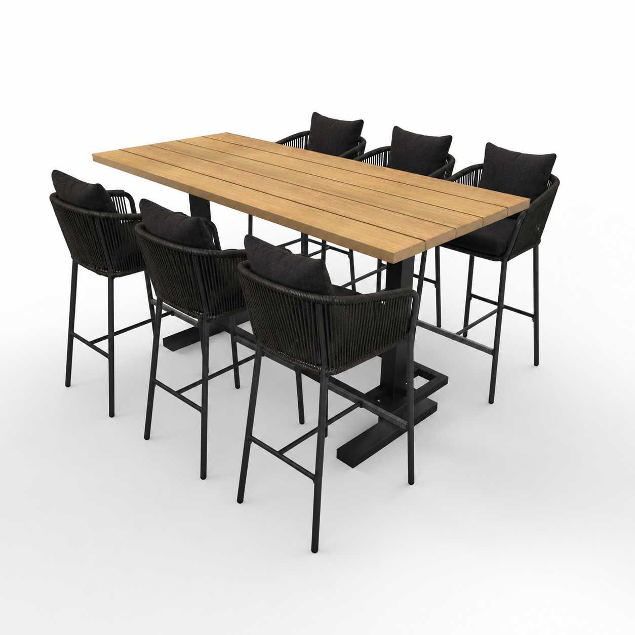 Iroko hardhouten bartafel mike zwart - 6x barstoel fortaleza zwart