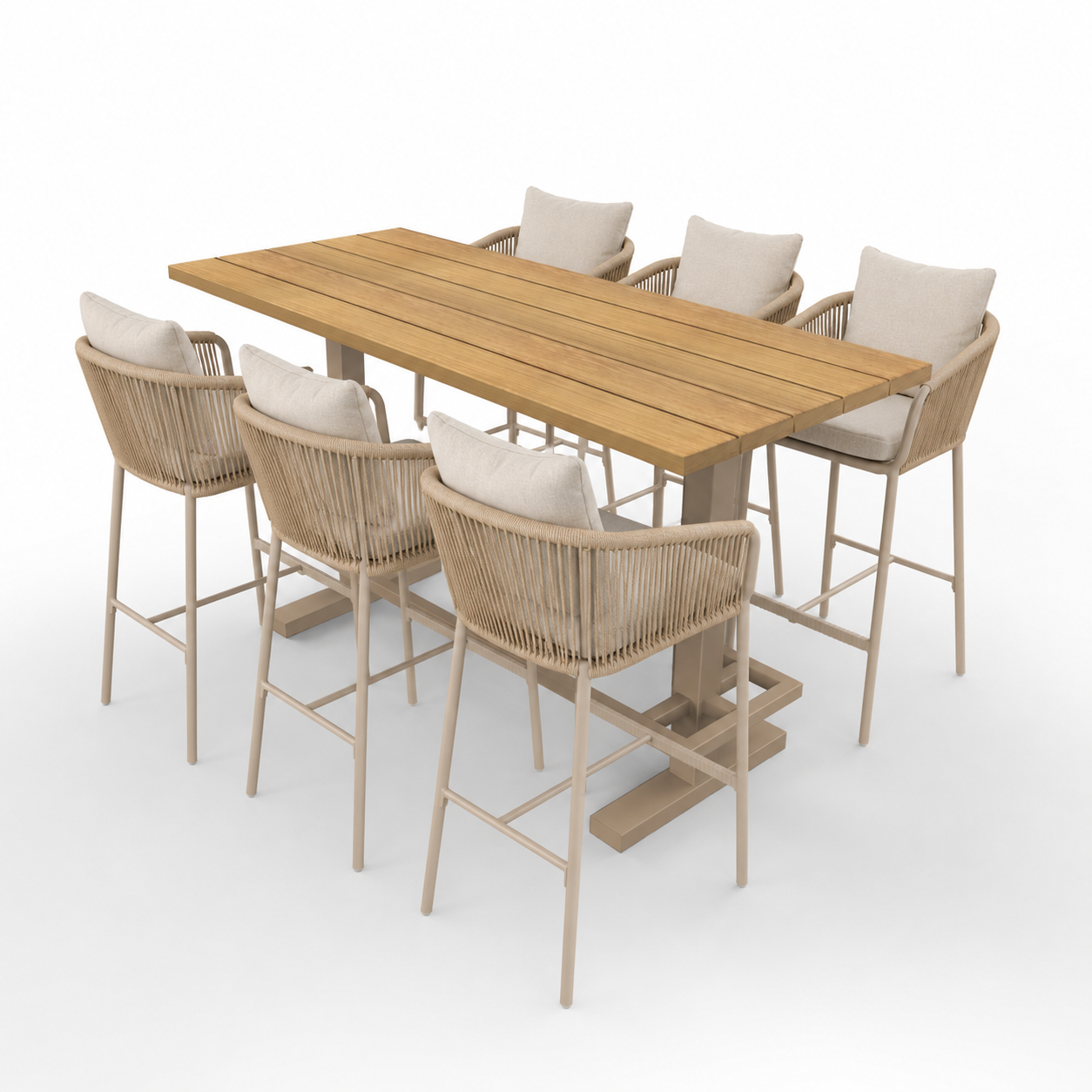 Iroko hardhouten bartafel mike beige - 6x barstoel fortaleza beige