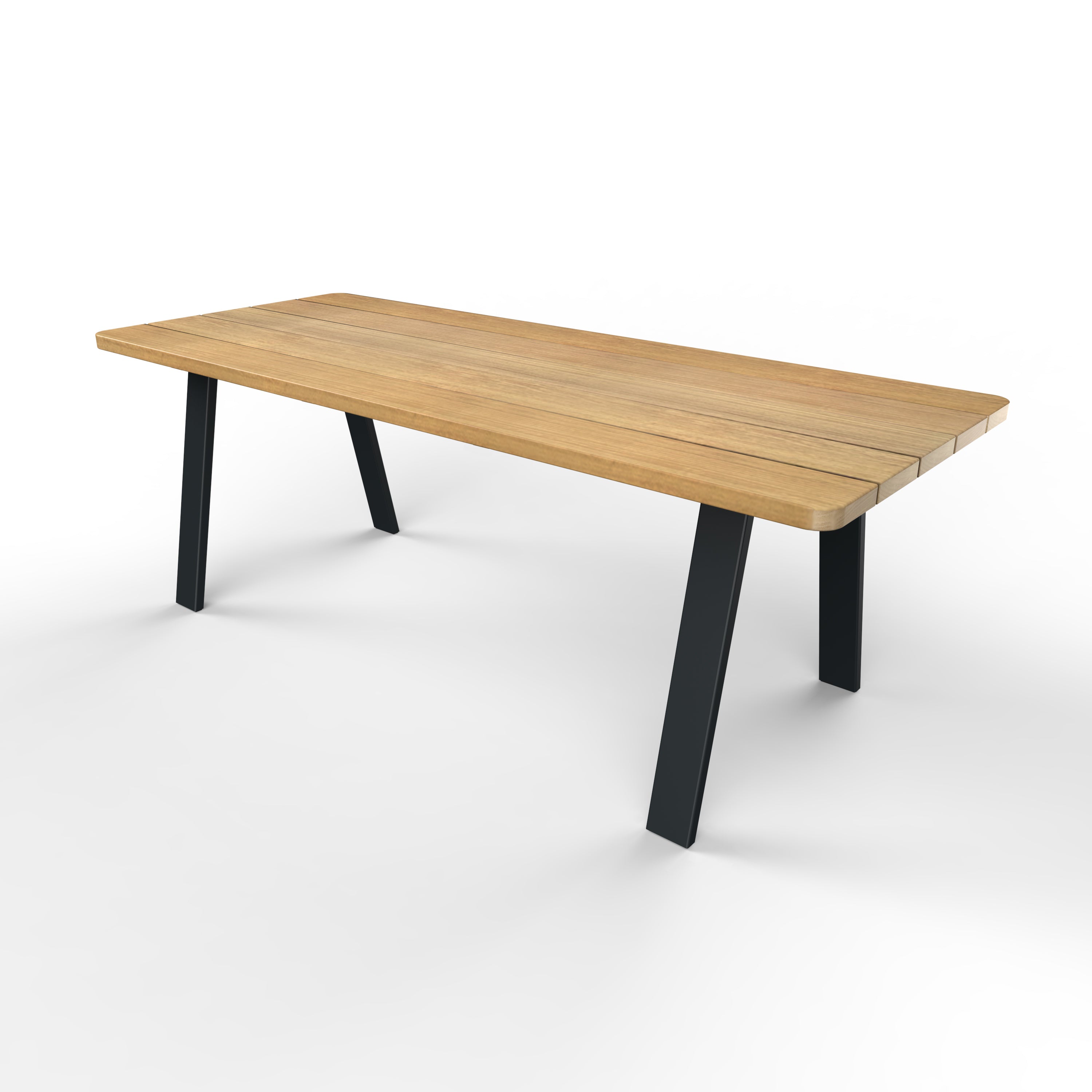 Tuintafel rechthoek iroko hout stalen trapezium poten