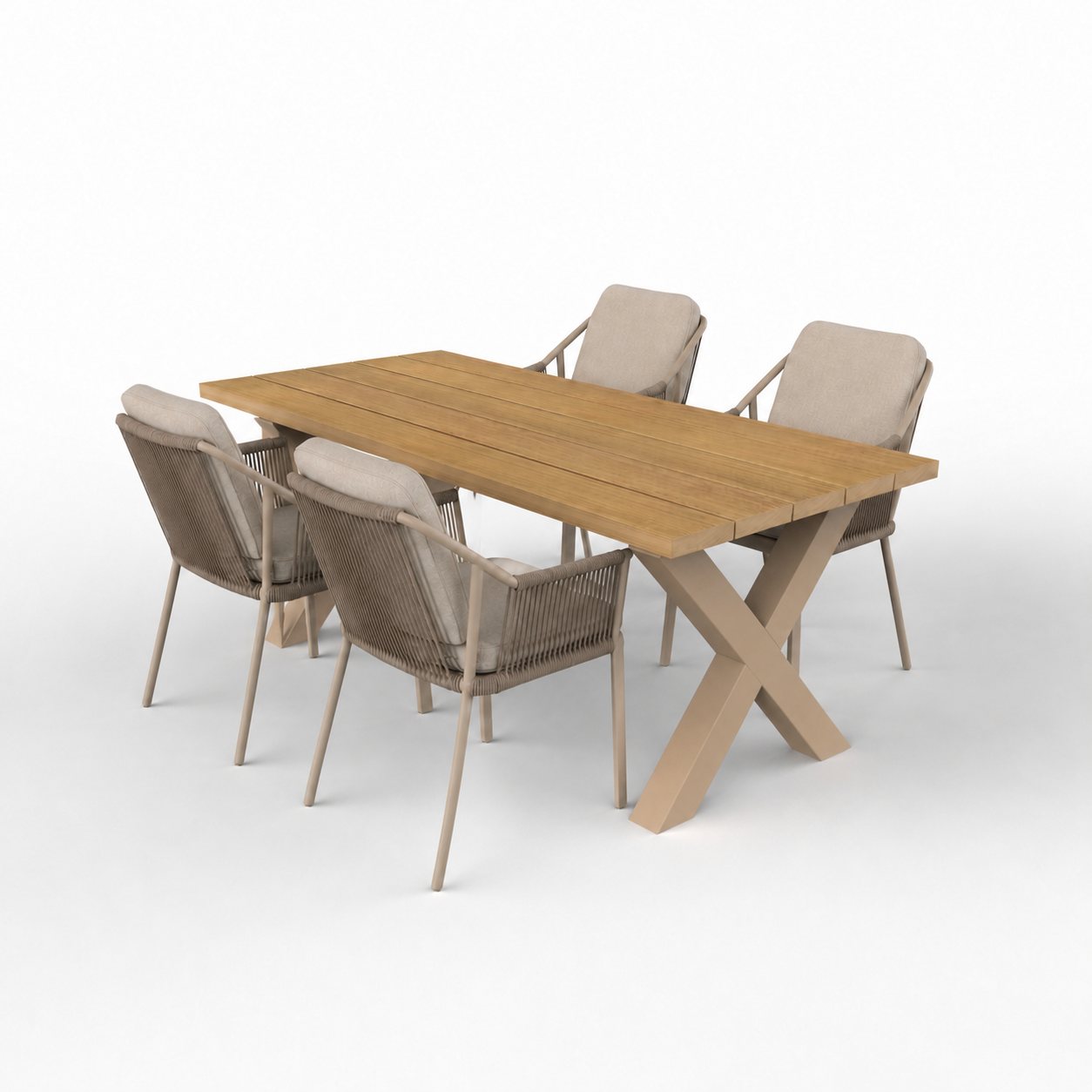 Iroko hardhouten tuinset met stalen X-poten beige - 4x tuinstoel Liv champagne