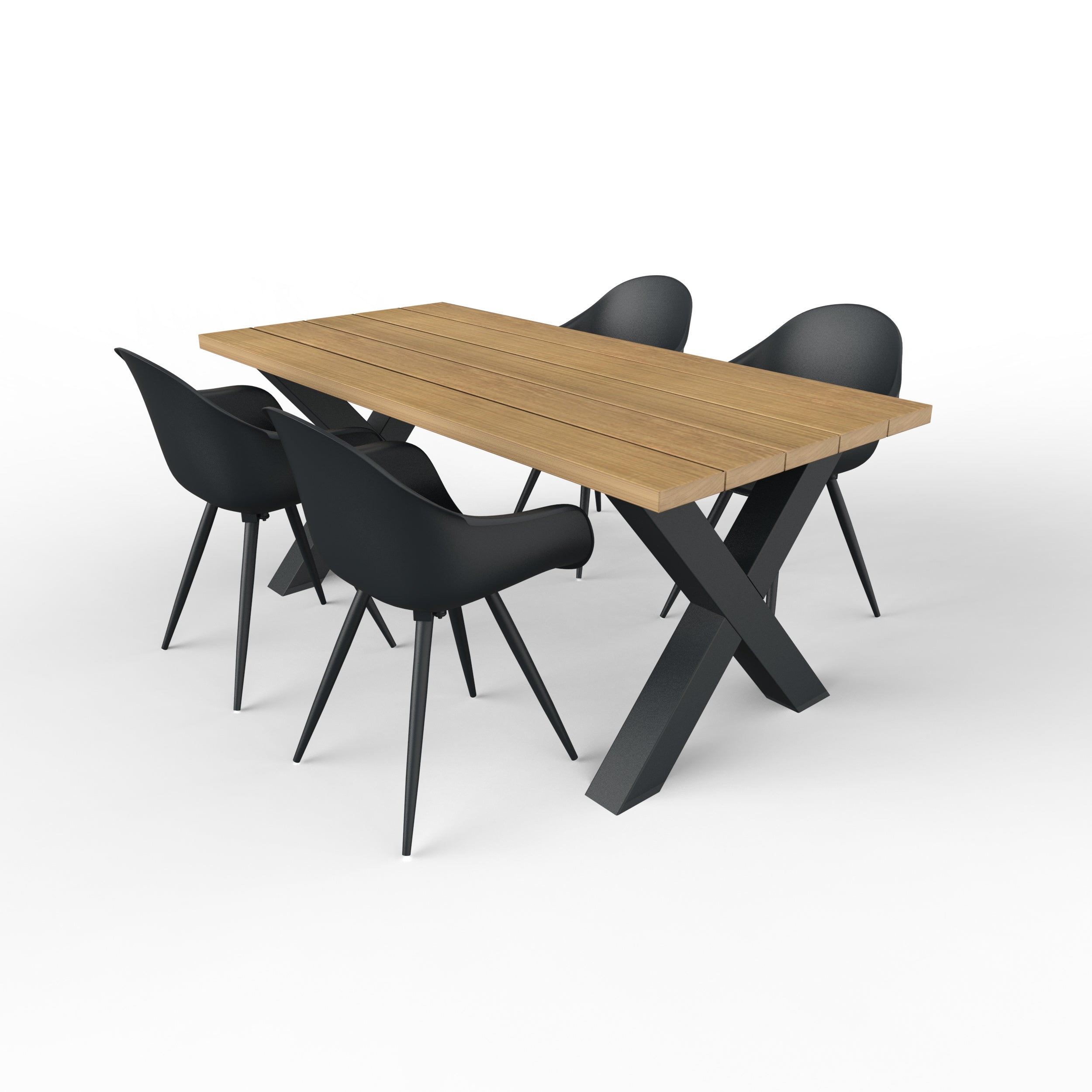 Iroko hardhouten tuinset met stalen X-poten zwart - 4x tuinstoel luca zwart