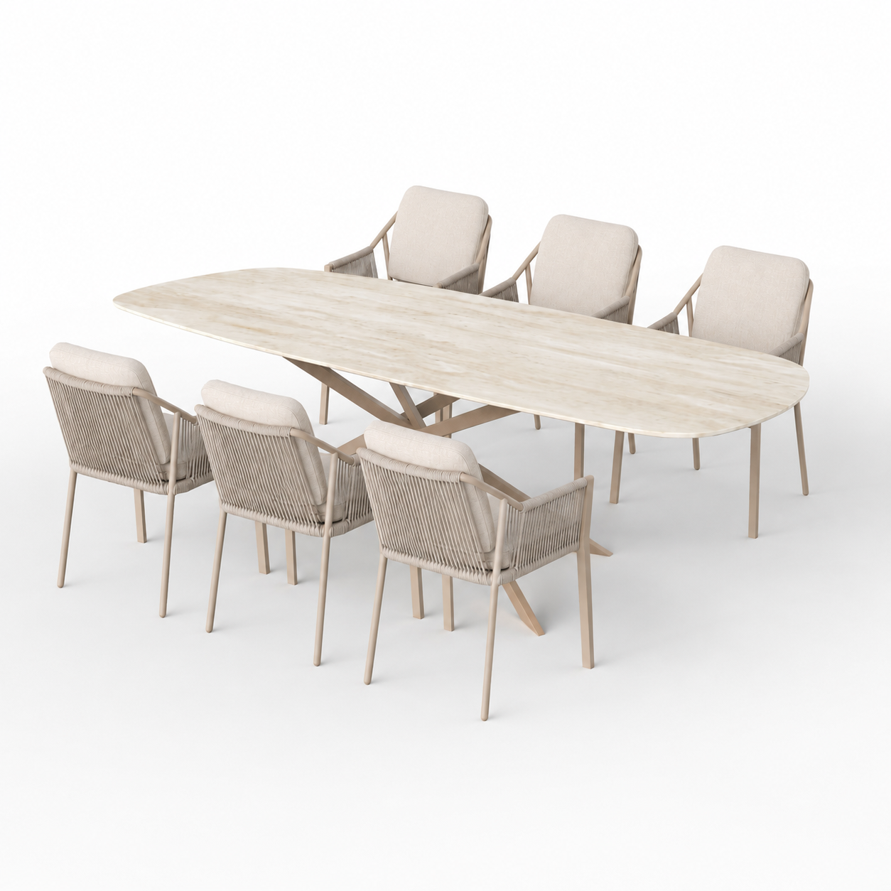 Deens Ovale Keramische Tuinset Travertino met Beige Mikado Onderstel en 6 Liv Tuinstoelen Champagne