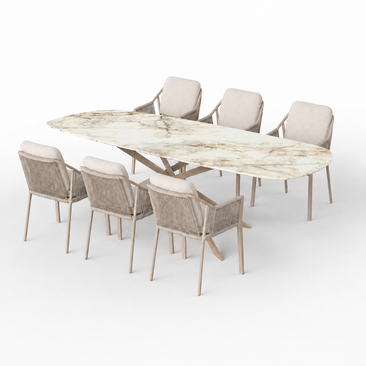 Deens Ovale Keramische Tuinset cuarzo reno met Beige Mikado Onderstel en 6 Liv Tuinstoelen Champagne