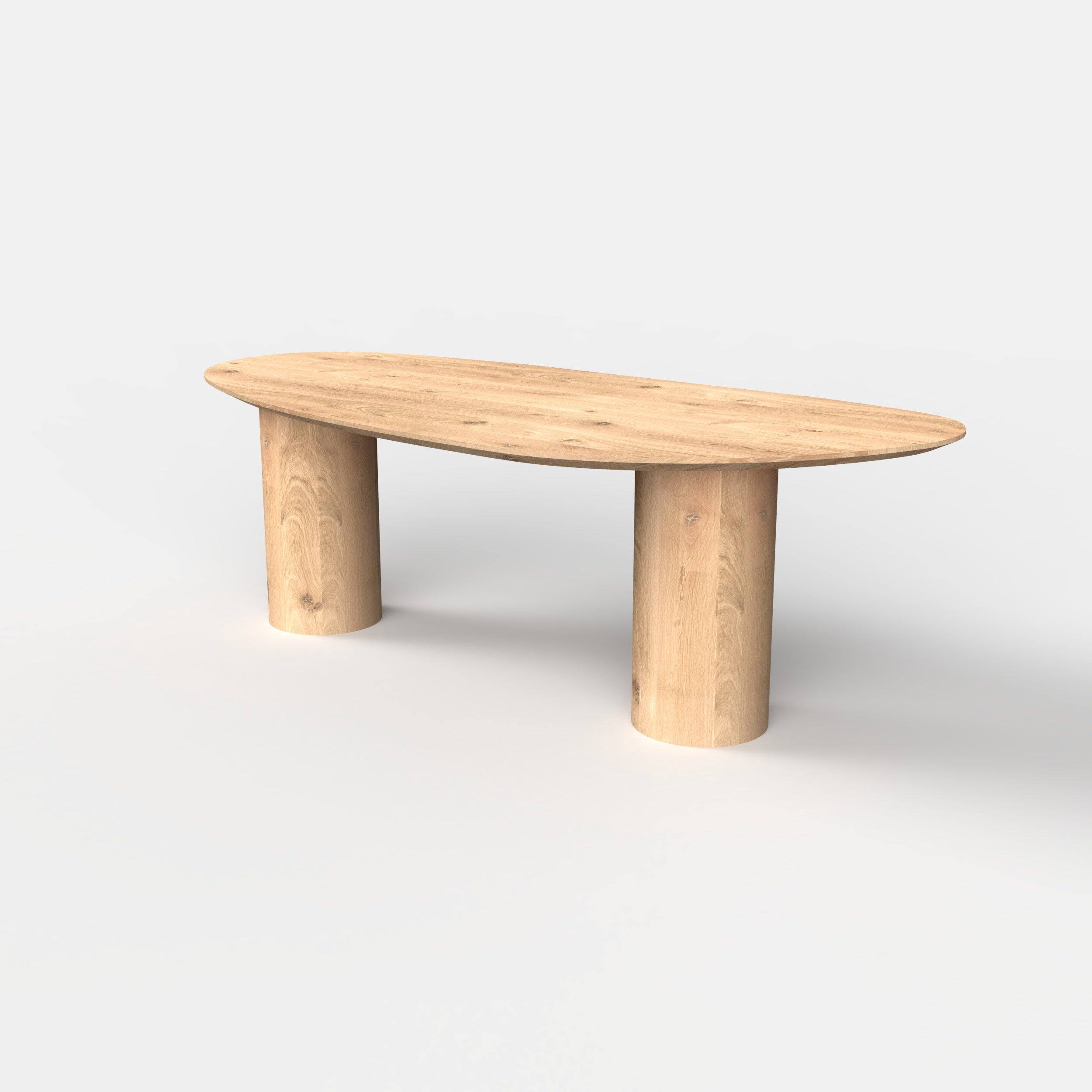 Organische eiken eettafel kolom, massief eiken tafelblad, 35 cm ronde eiken poten
