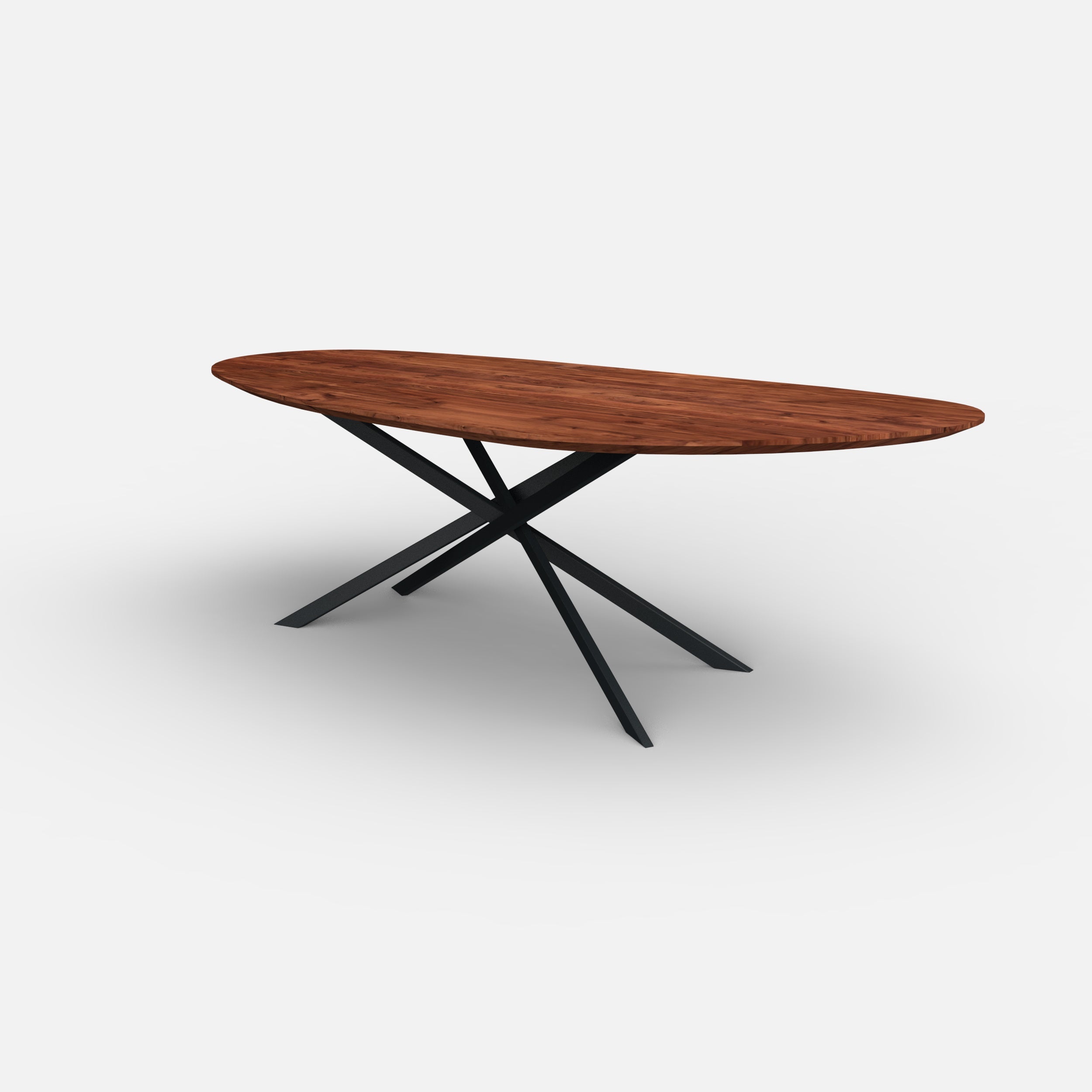 Organische notenhouten eettafel mikado, massief notenhout, massief walnoten hout, mikado onderstel, metaal onderstel