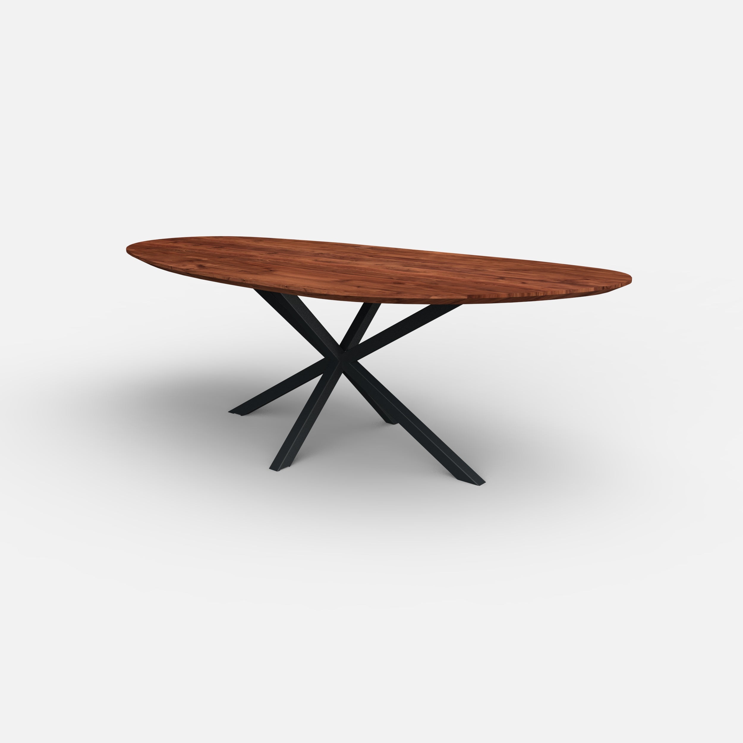 Organische notenhouten eettafel matrix 5x5cm, massief notenhouten tafelblad, massief walnoten hout, metaal kruisonderstel 5x5cm, tafel op maat