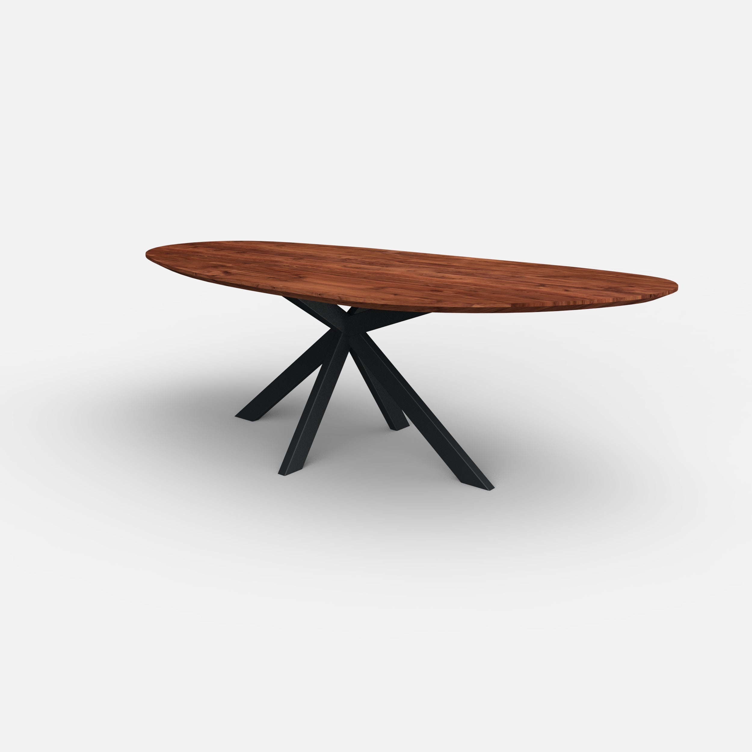 Organische notenhouten eettafel trevis, massief notenhouten tafelblad, walnoten hout, trevis onderstel metaal, tafel op maat