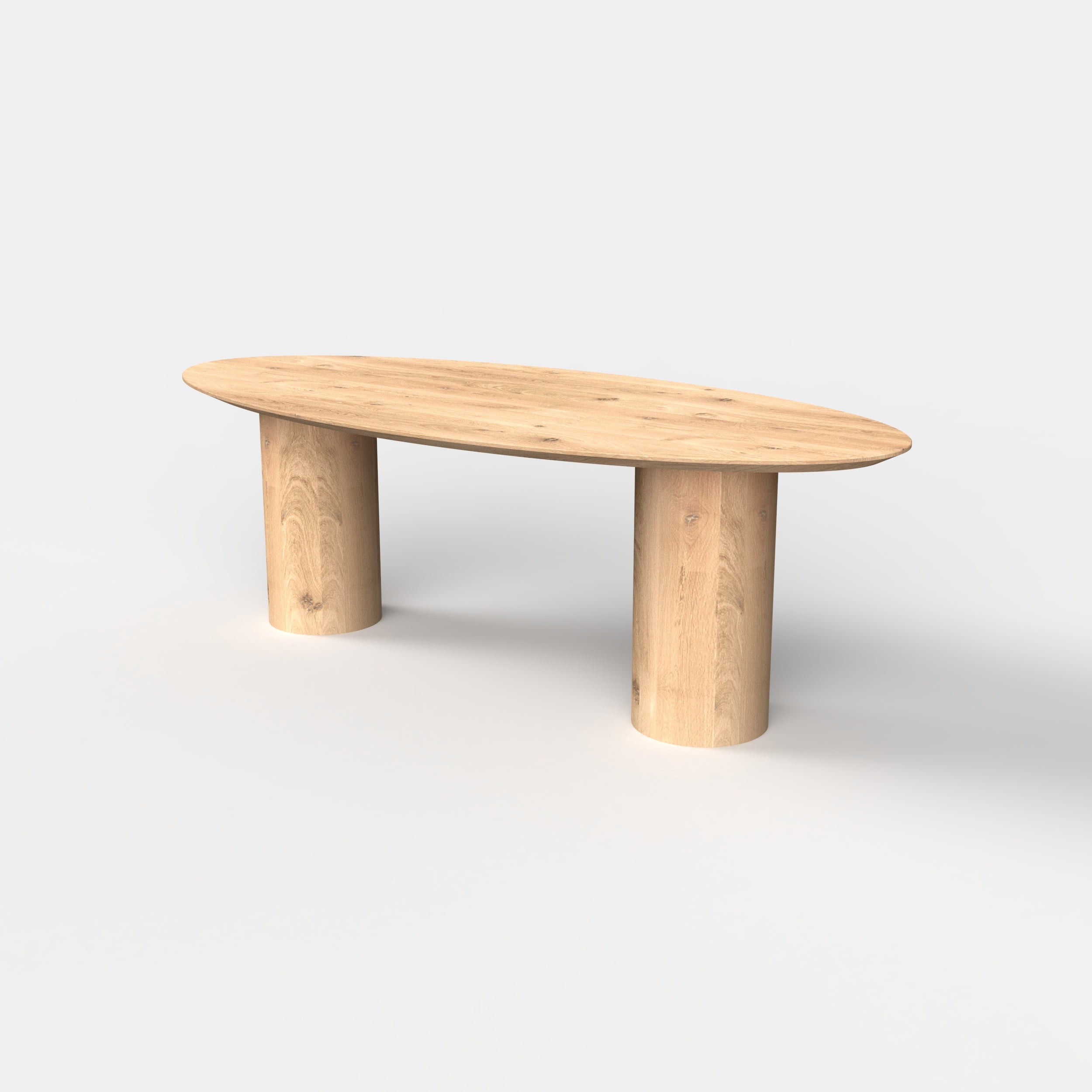 Ovale eiken eettafel kolom, massief eiken tafelblad, ronde eiken tafelpoten 