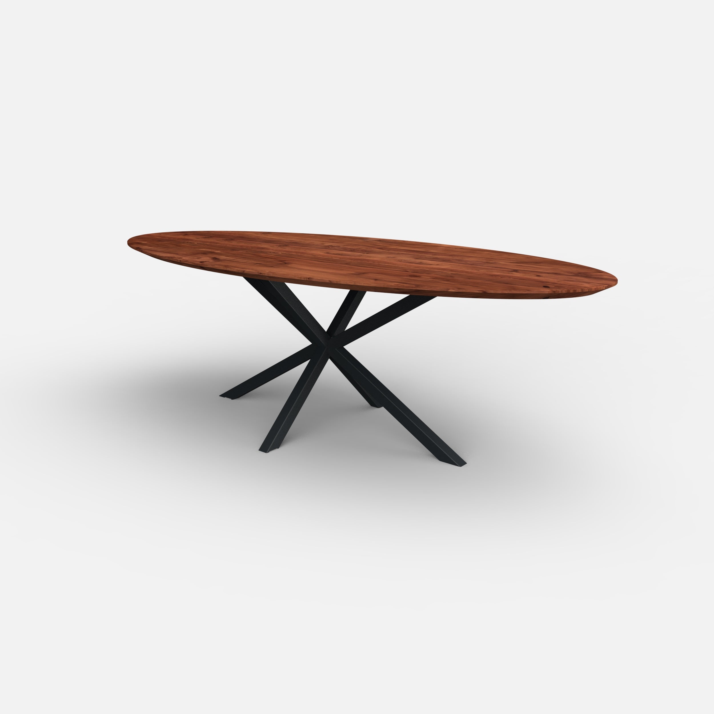 Ovale notenhouten eettafel matrix 5x5cm, massief notenhouten tafelblad, massief walnoten hout, metaal kruispoot 5x5cm, tafel op maat