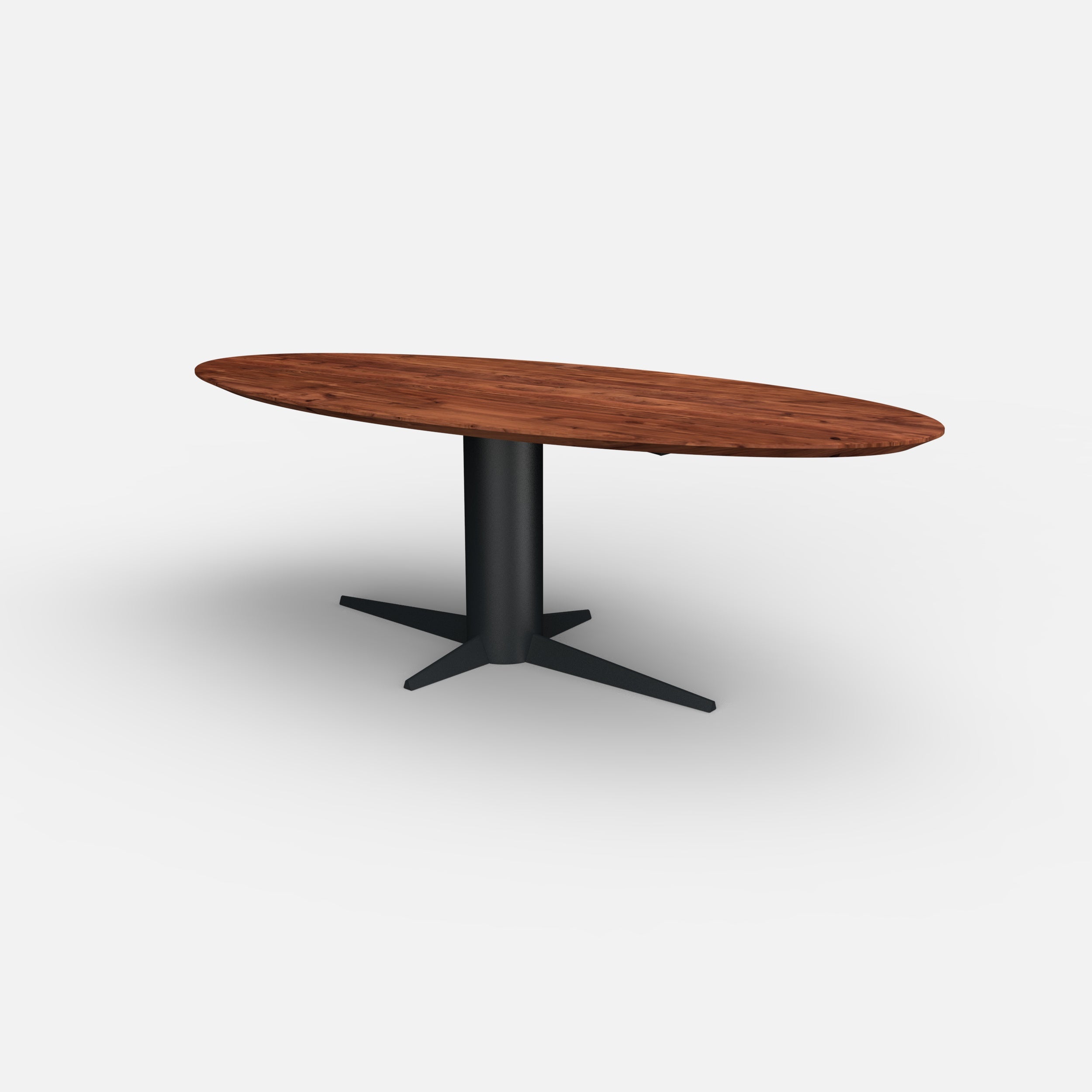 Ovale notenhouten eettafel Dex, massief notenhouten tafelblad, walnoten hout, Dex tafelpoot metaal, tafel op maat