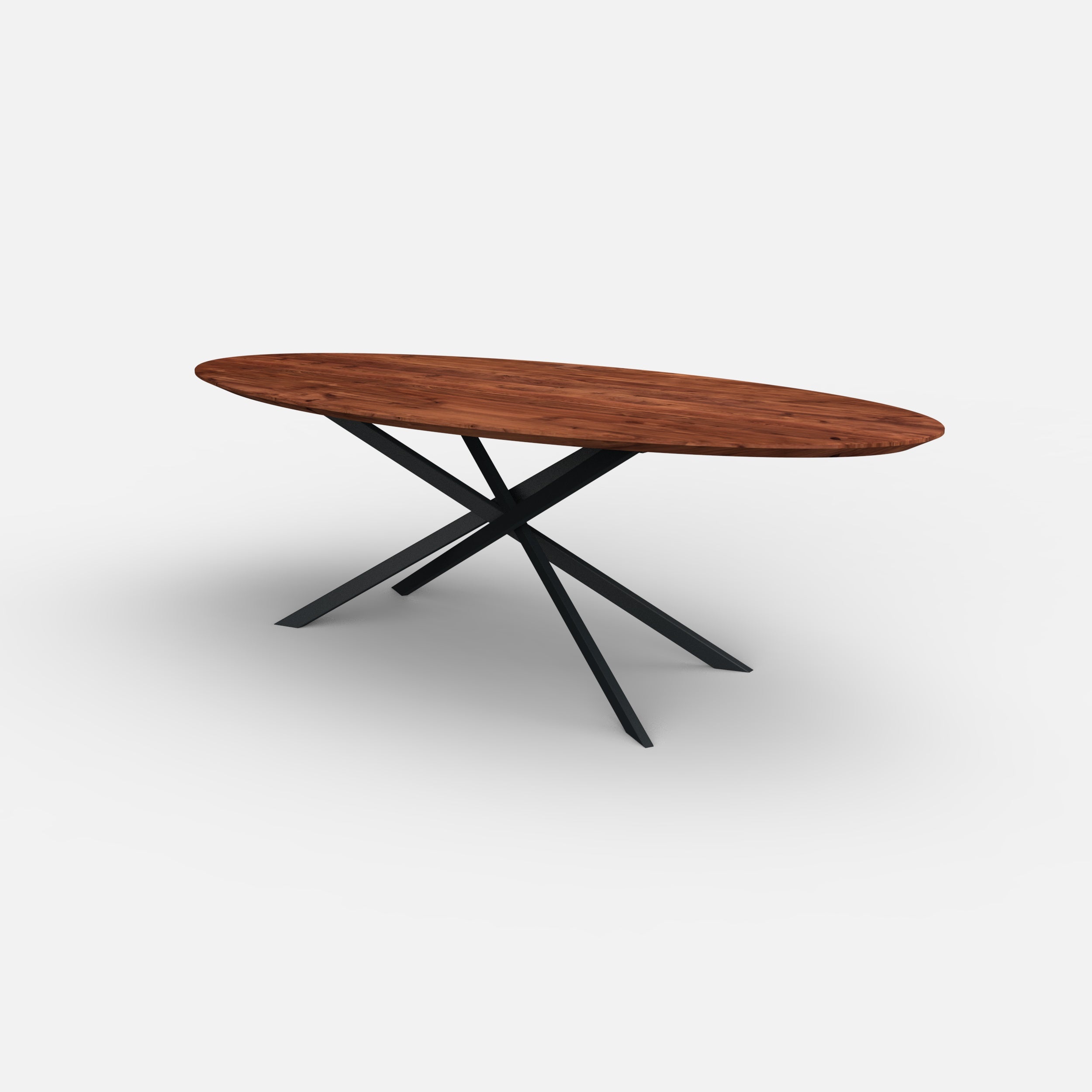 Ovale notenhouten eettafel mikado, massief notenhout, massief walnoten hout, mikado onderstel, metaal onderstel