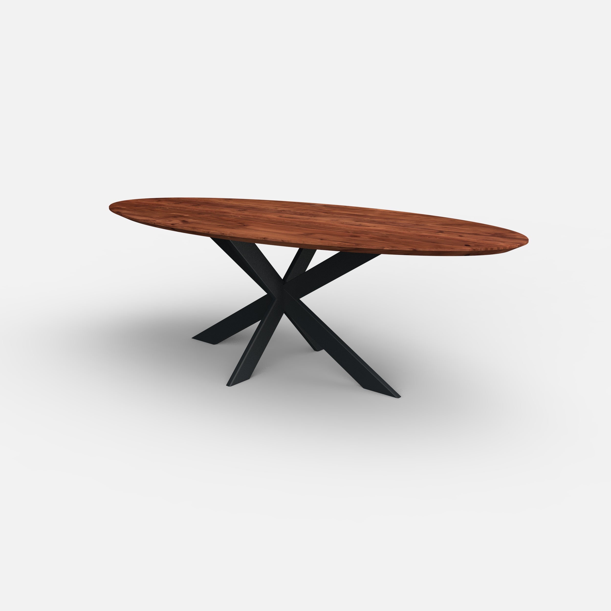 Ovale notenhouten eettafel matrix 10x3cm, massief walnoten hout, massief notenhout, eettafel op maat, kruisonderstel metaal