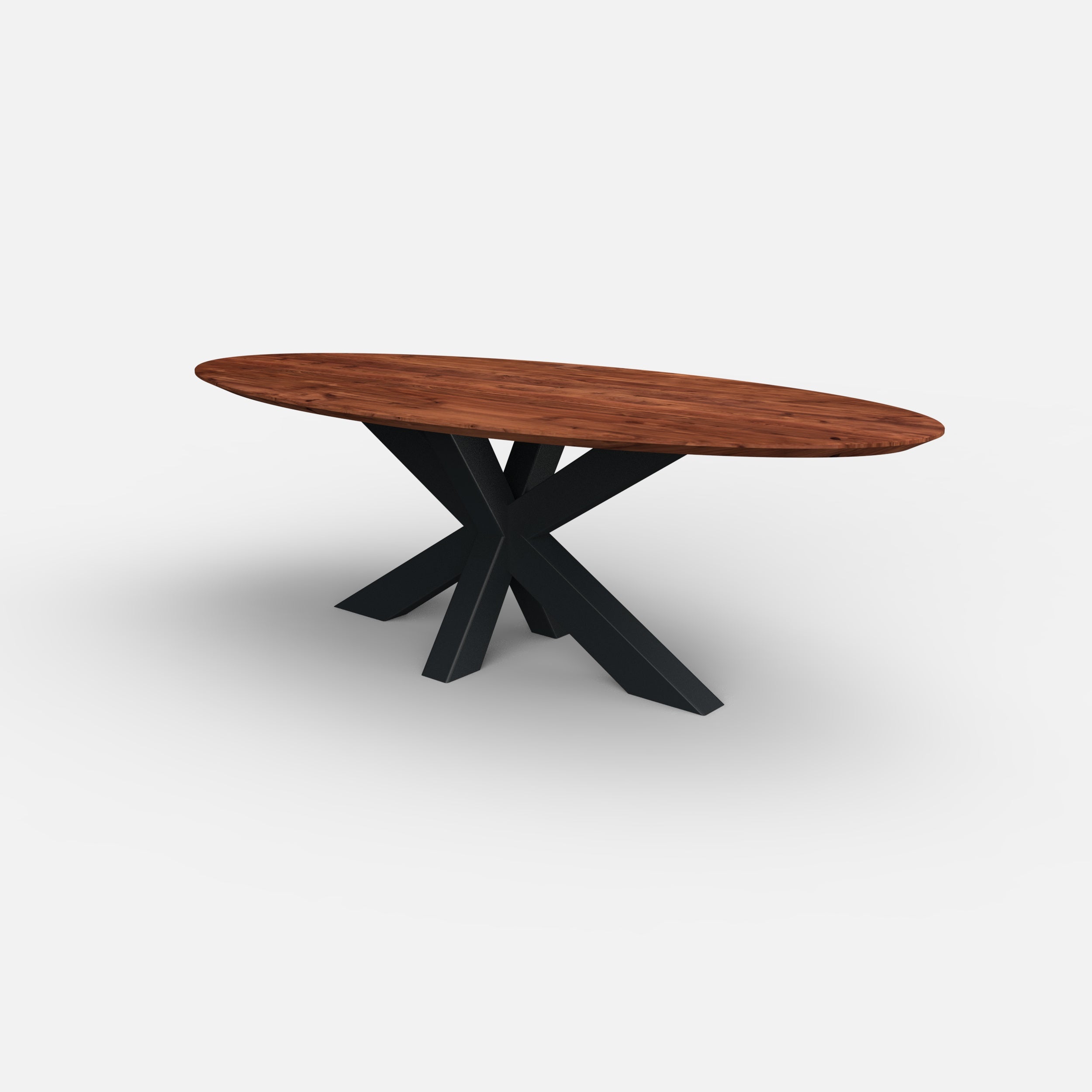 Ovale notenhouten eettafel matrix 10x10cm, massief walnotenhout, massief notenhouten tafelblad, matrix tafelpoot 10x10cm, tafel op maat