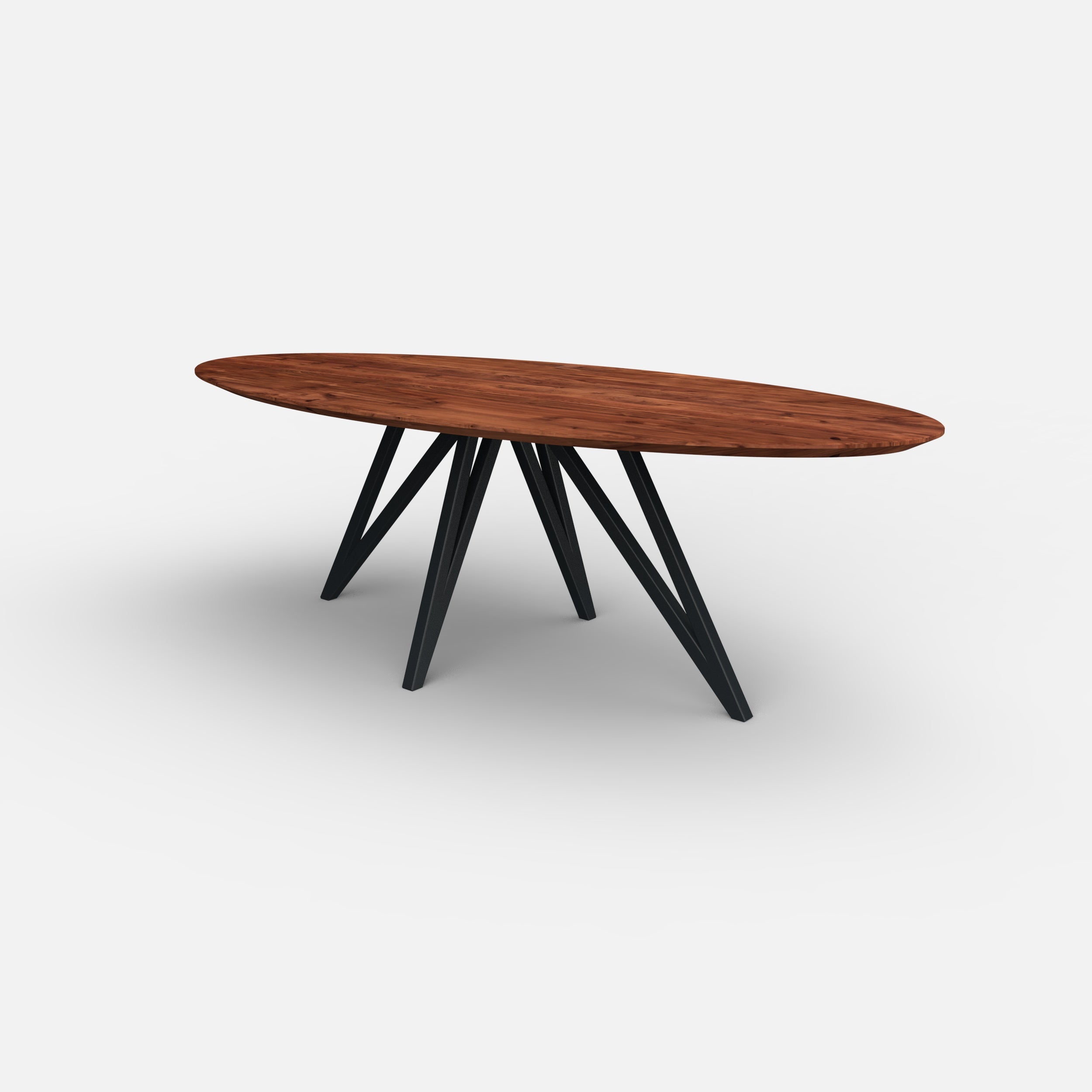 Ovale notenhouten eettafel vlinder, massief walnotenhout, massief notenhout, metaal onderstel 