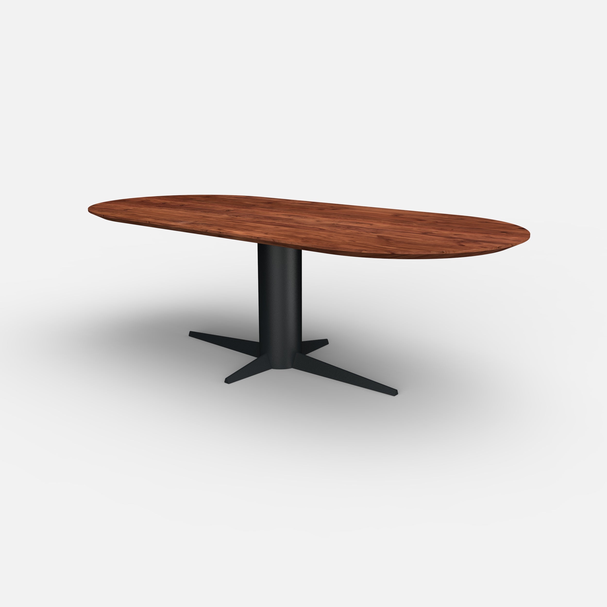 Plat ovale notenhouten eettafel Dex, massief notenhouten tafelblad, walnoten hout, Dex onderstel metaal, tafel op maat
