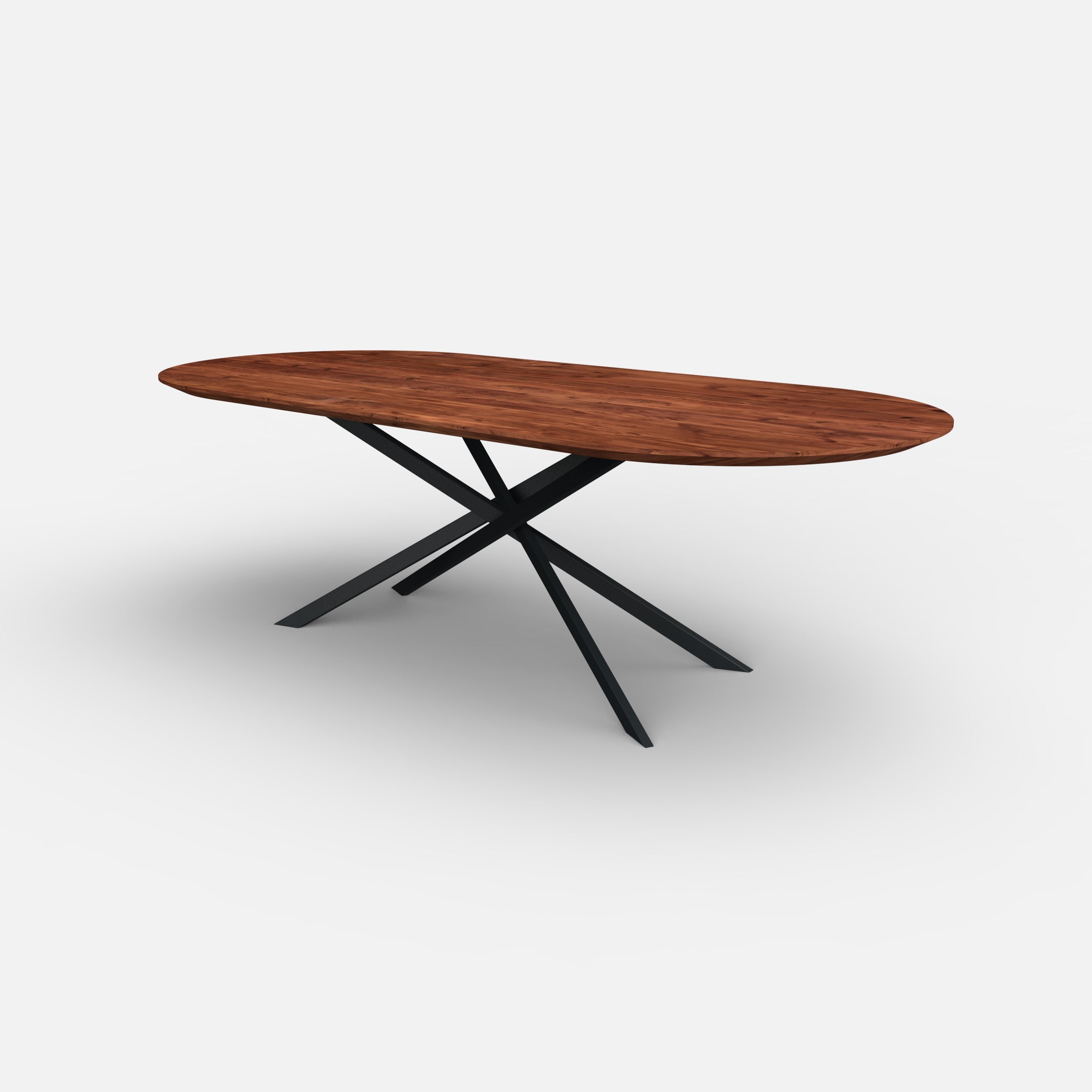Plat ovale notenhouten eettafel mikado, massief notenhout, massief walnoten hout, mikado onderstel, metaal onderstel