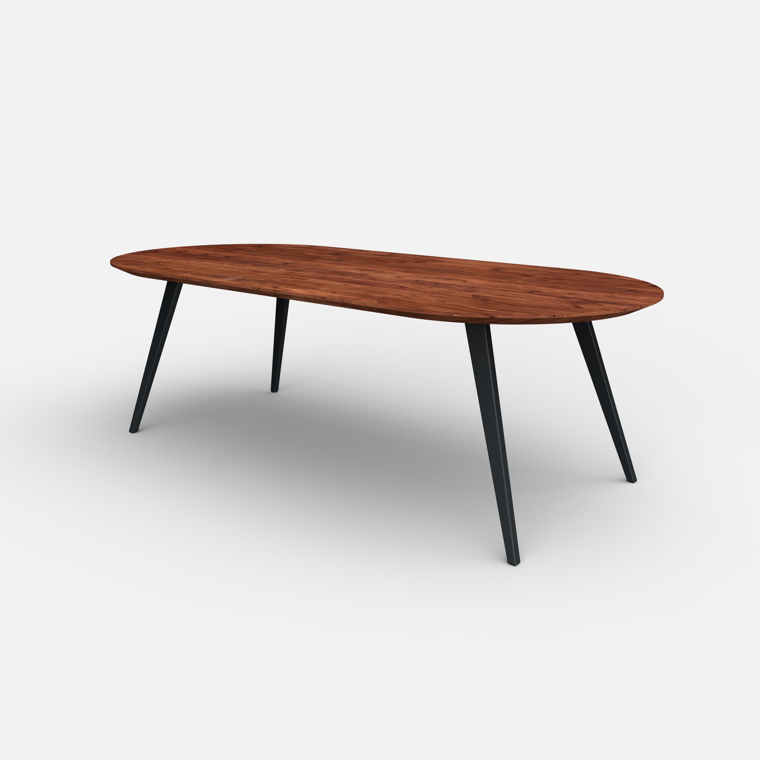 Plat ovale notenhouten eettafel taps zonder ligger, massief notenhout, massief walnotenhout, minimalistisch design