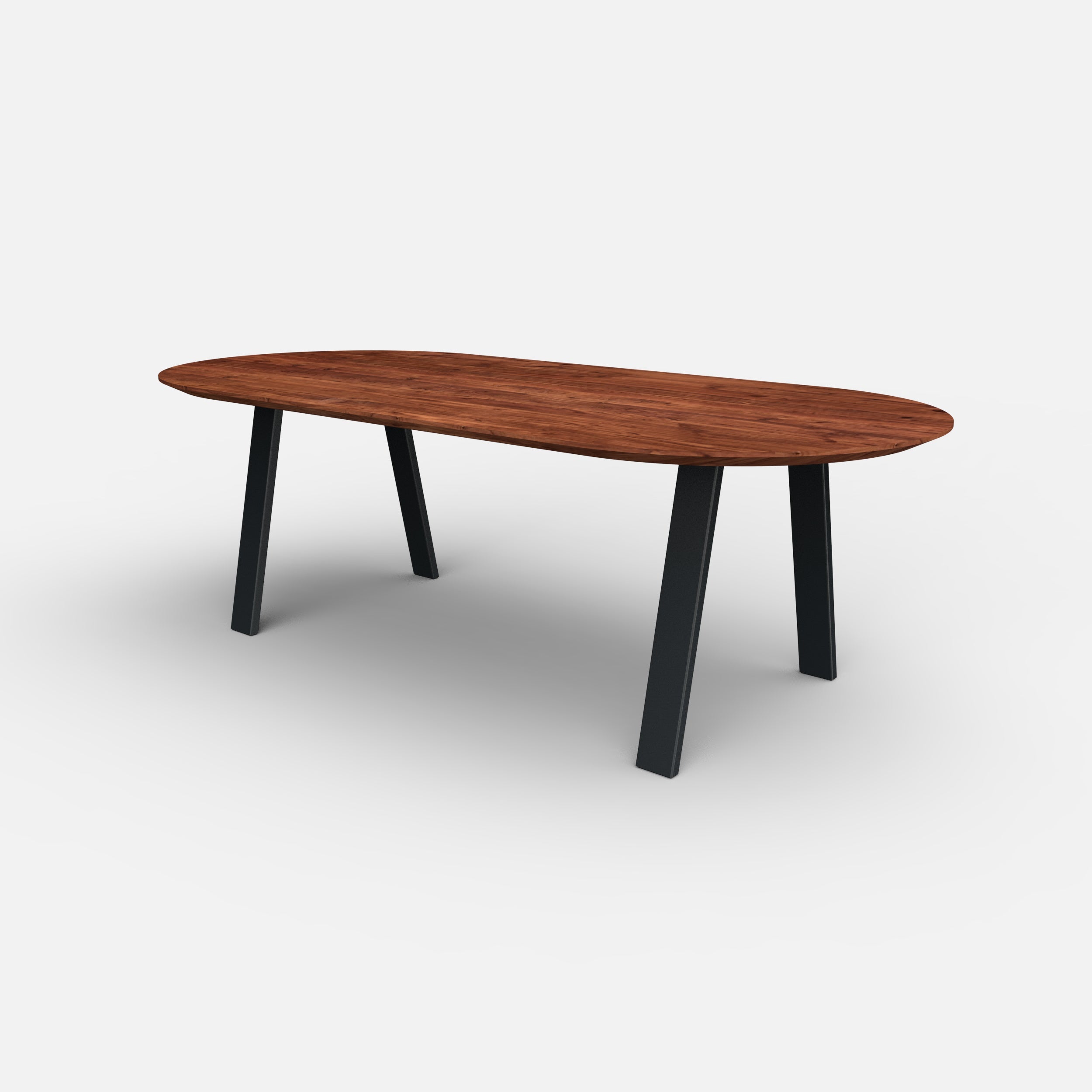 Plat ovale notenhouten eettafel trapezium, massief notenhouten tafelblad, walnoten hout, trapezium tafelpoten metaal, tafel op maat