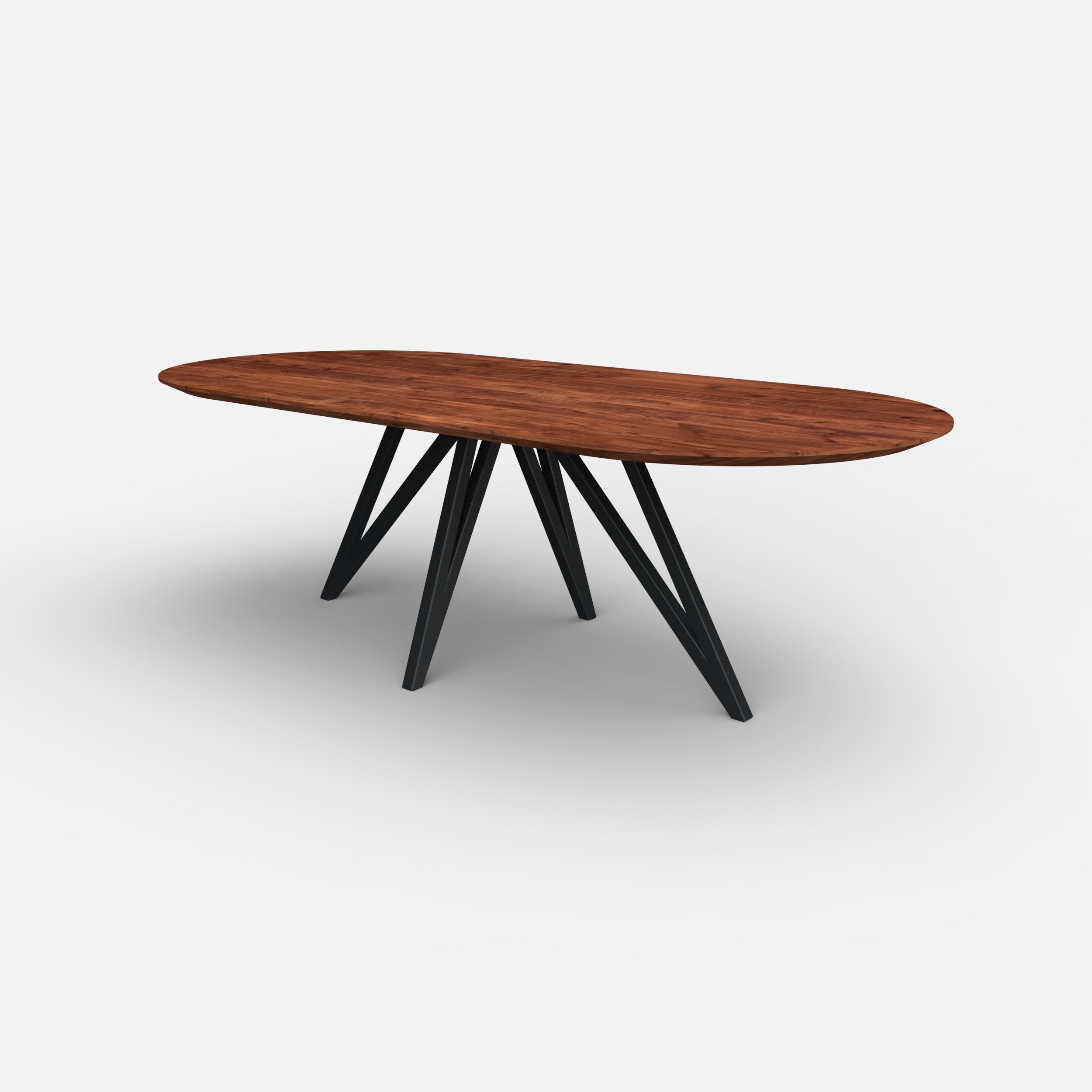 Plat ovale notenhouten eettafel vlinder, massief notenhout, massief walnoten hout, metaal onderstel