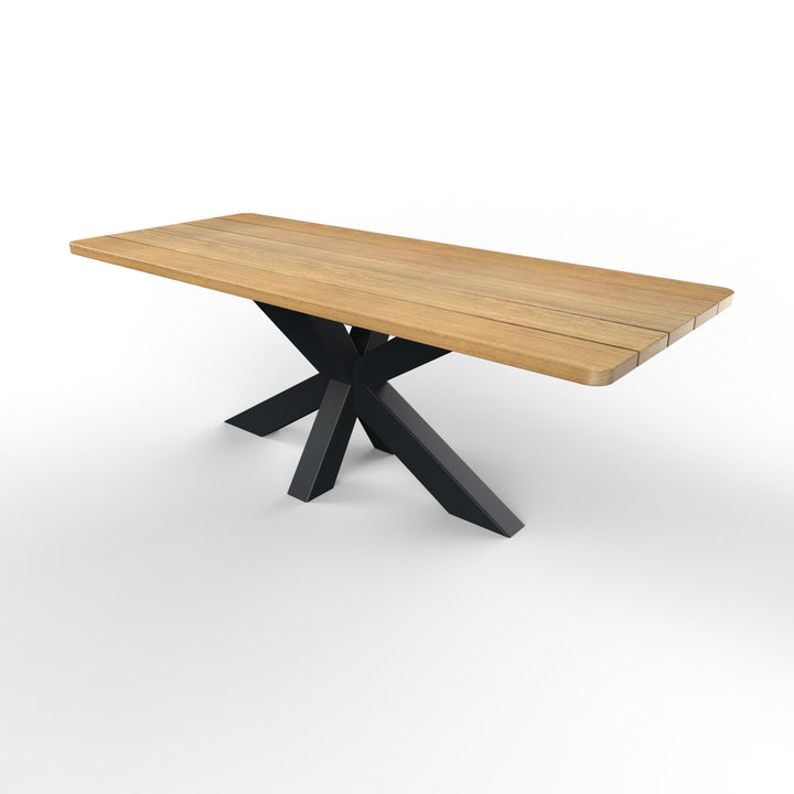 Tuintafel rechthoekig iroko hout stalen matrixpoot