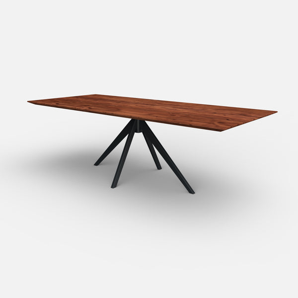 Rechthoekige notenhouten eettafel Lente met massief notenhouten blad en stalen onderstel.