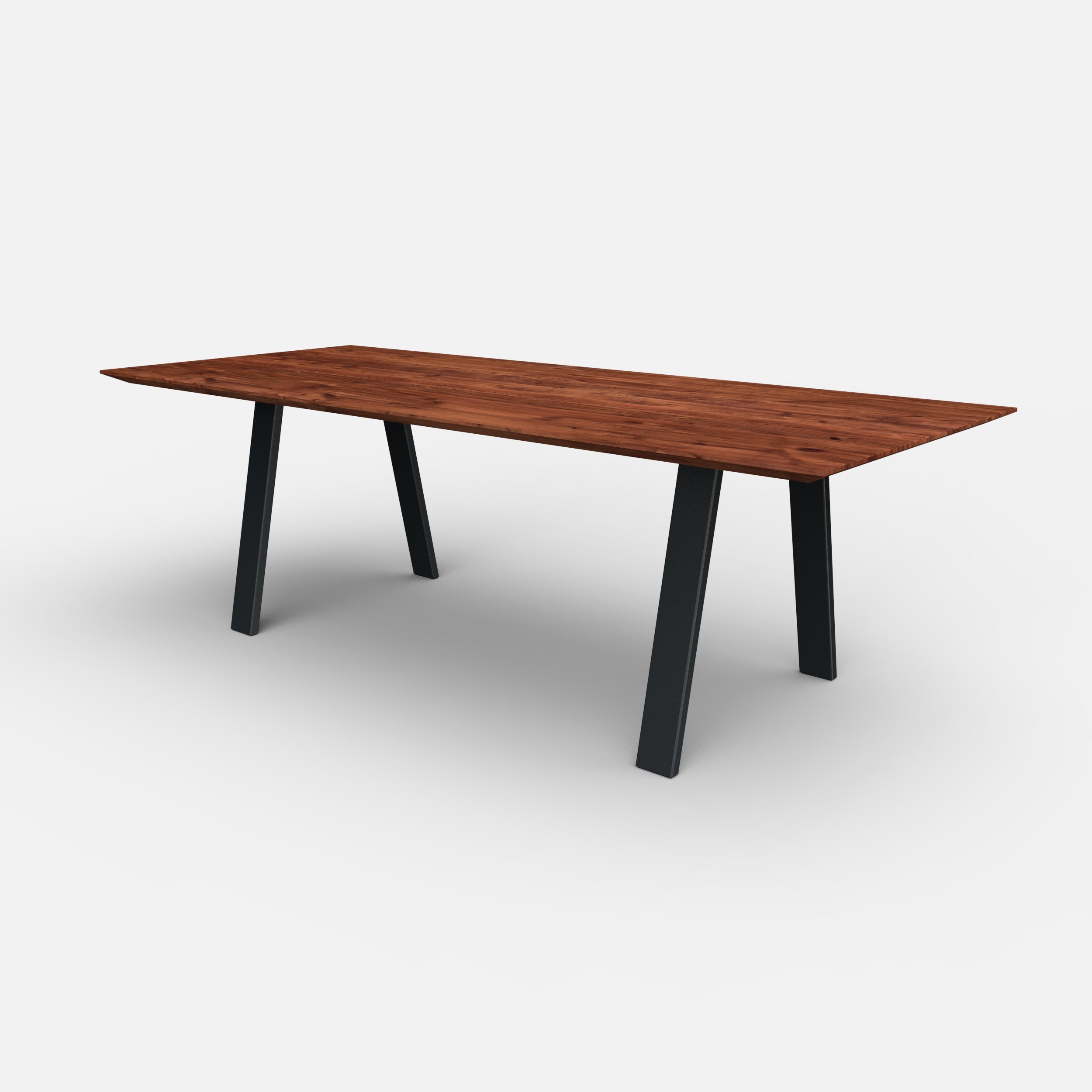 Rechthoekige notenhouten eettafel trapezium, massief notenhouten tafelblad, walnoten hout, trapezium tafelpoot metaal, tafel op maat
