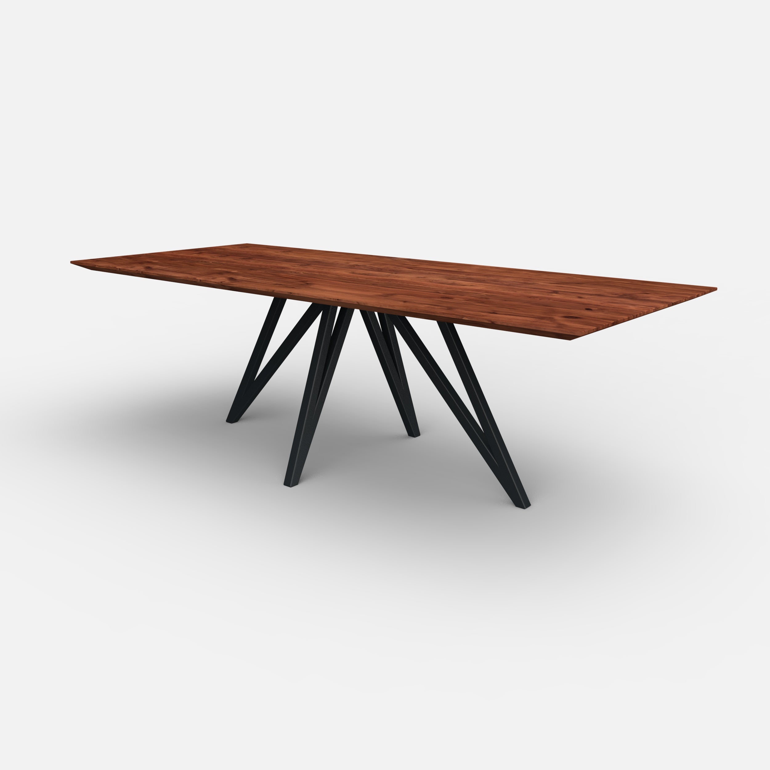 Rechthoekige notenhouten eettafel vlinder, massief notenhout, massief walnoten hout, metaal onderstel