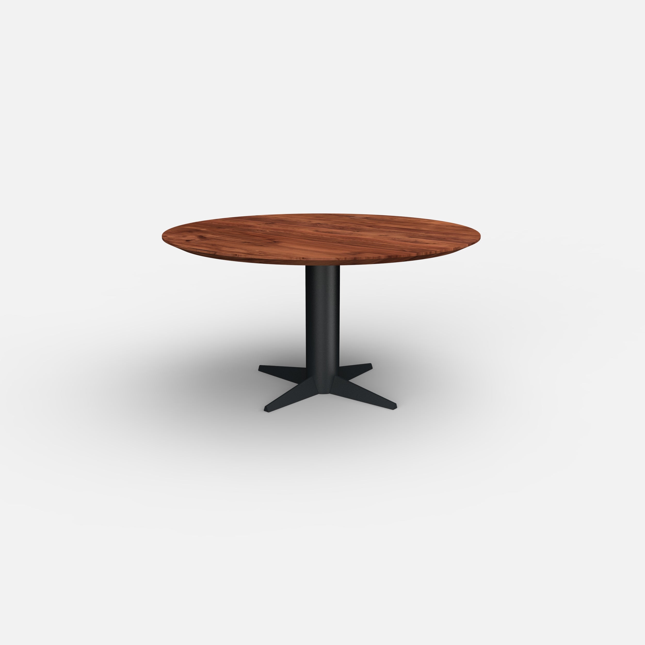 Ronde notenhouten eettafel Dex, massief notenhouten tafelblad, walnoten hout, Dex onderstel metaal, tafel op maat