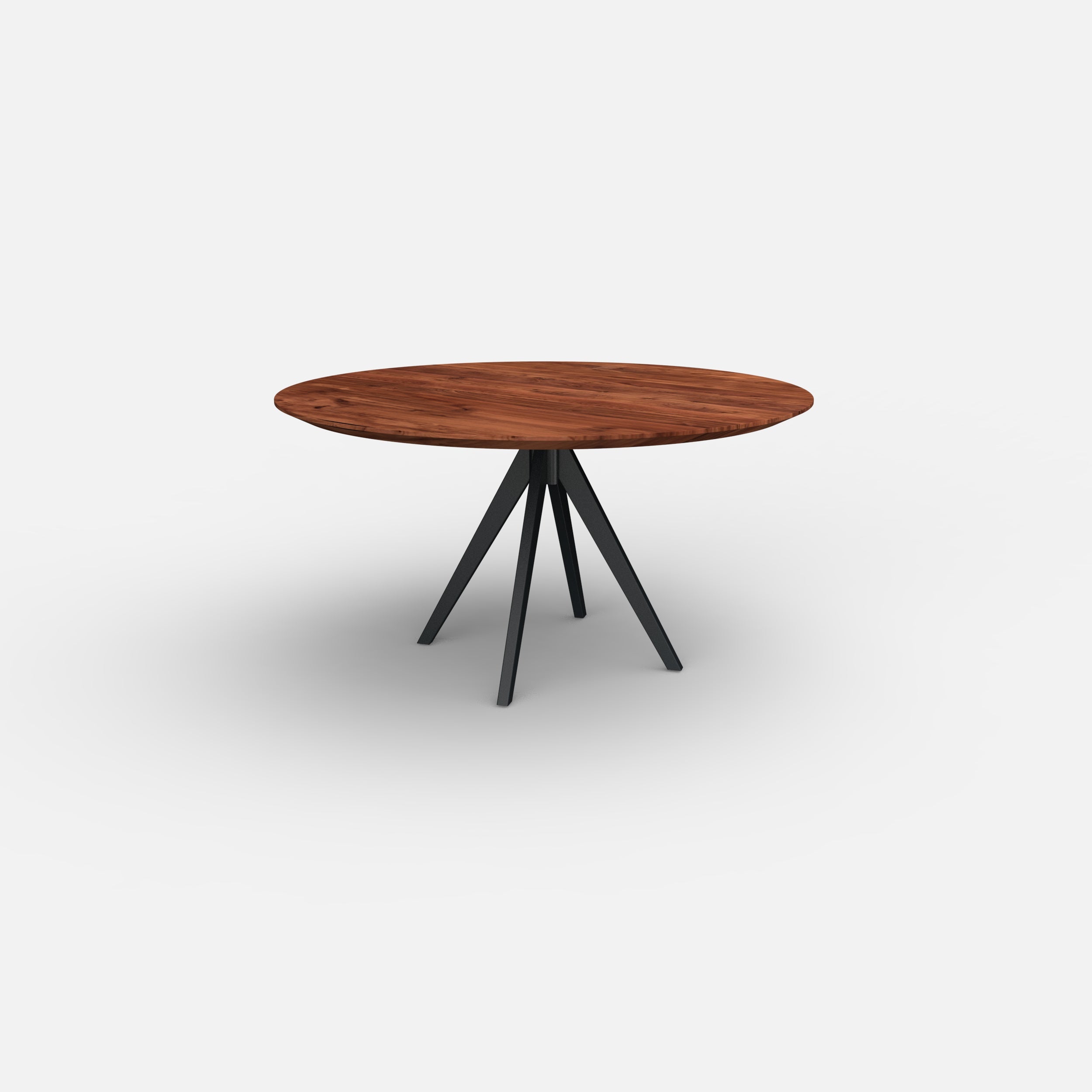 Ronde notenhouten eettafel Lente met massief notenhouten blad en stalen poten.
