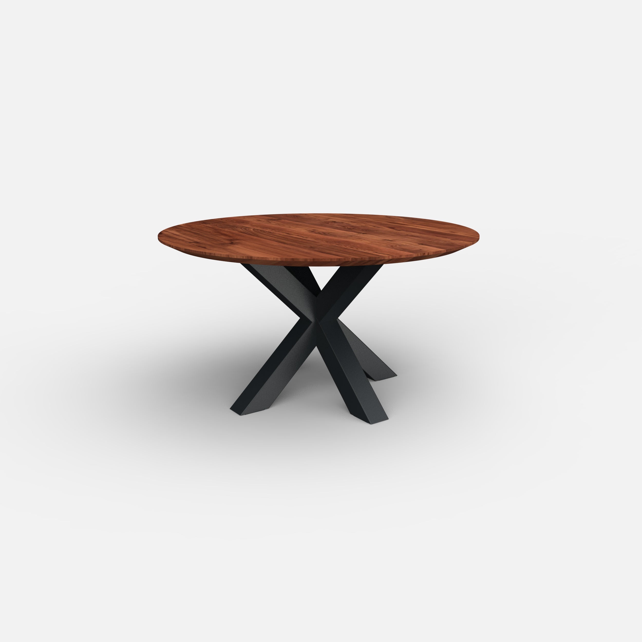 Ronde notenhouten eettafel matrix 10x10cm, massief notenhouten tafelblad, massief walnoten hout, metaal kruispoot 10x10cm, tafel op maat