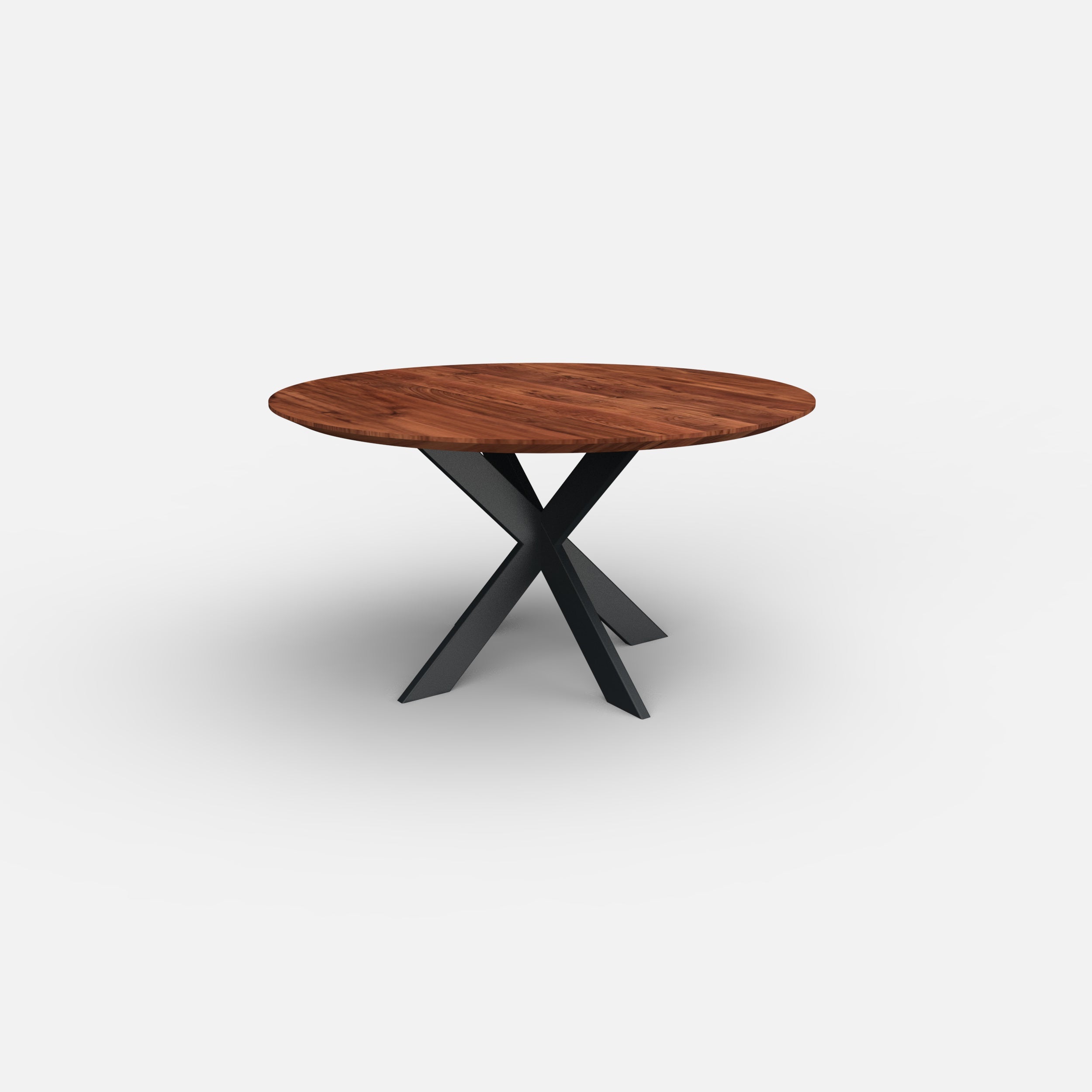 Ronde notenhouten eettafel matrix 10x3cm, massief notenhout, massief walnoten hout, tafel op maat, metaal onderstel