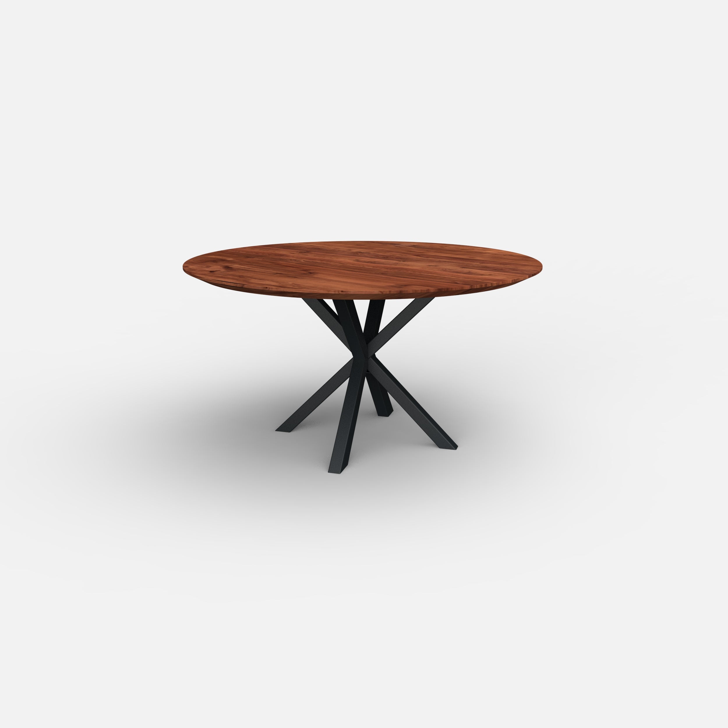Ronde notenhouten eettafel matrix 5x5cm, massief notenhout tafelblad, massief walnoten hout, metaal kruisonderstel 5x5cm, tafel op maat