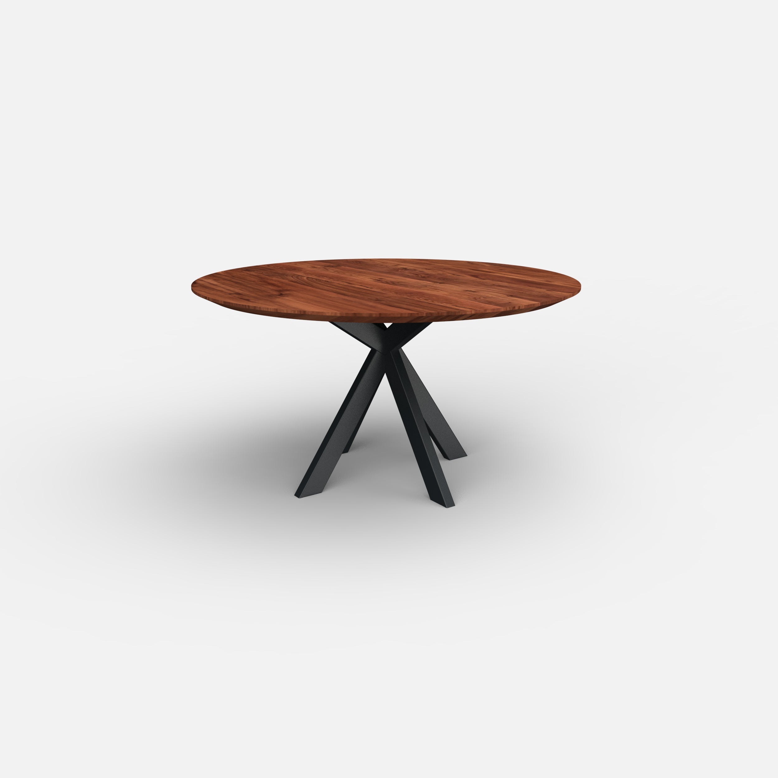 Ronde notenhouten eettafel trevis, massief notenhouten tafelblad, walnoten hout, trevis onderstel metaal, tafel op maat