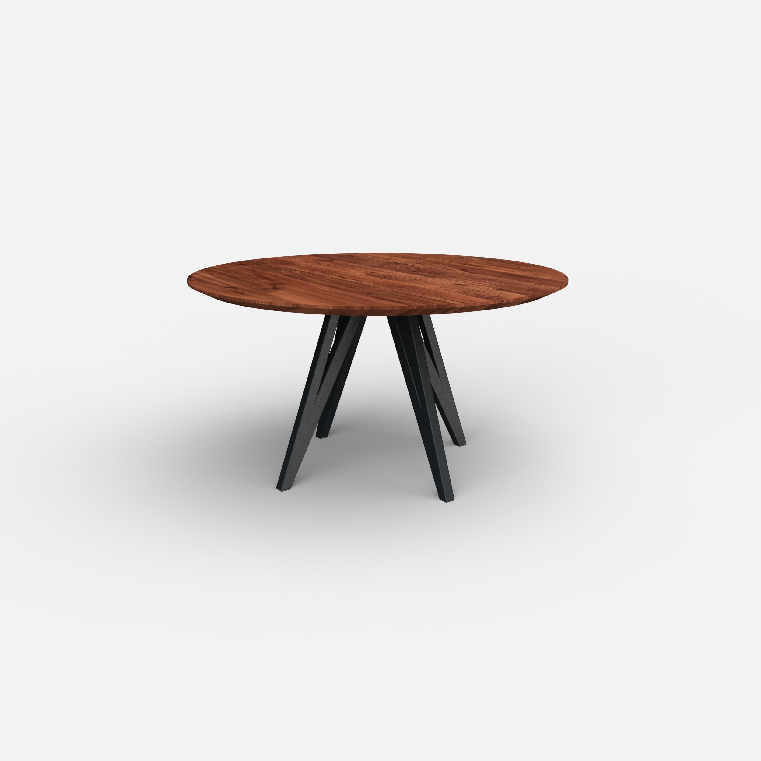 Ronde notenhouten eettafel vlinder, massief notenhout, massief walnotenhout, metaal onderstel