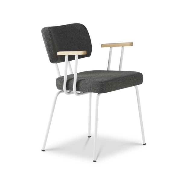 Ted eetkamerstoel met armleuning - new wool antracite - wit onderstel - armleuning hout