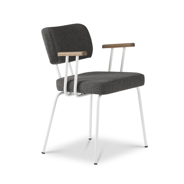 Ted eetkamerstoel met armleuning - new wool antracite - wit onderstel - armleuning tabacco