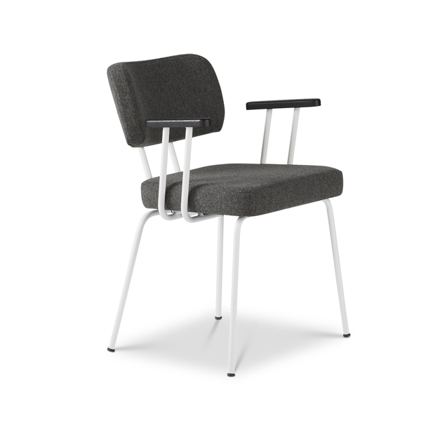 Ted eetkamerstoel met armleuning - new wool antracite - wit onderstel - armleuning zwart