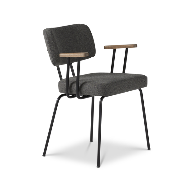 Ted eetkamerstoel met armleuning - new wool antracite - zwart onderstel - armleuning tabacco
