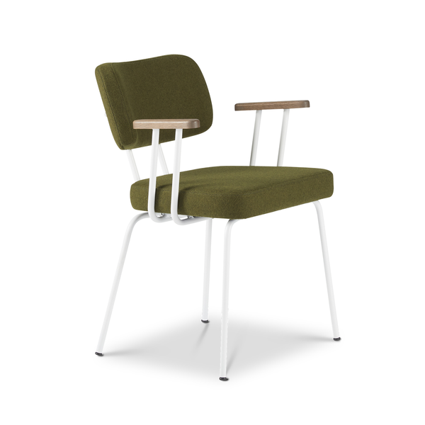 Ted eetkamerstoel met armleuning - new wool green - wit onderstel - armleuning tabacco