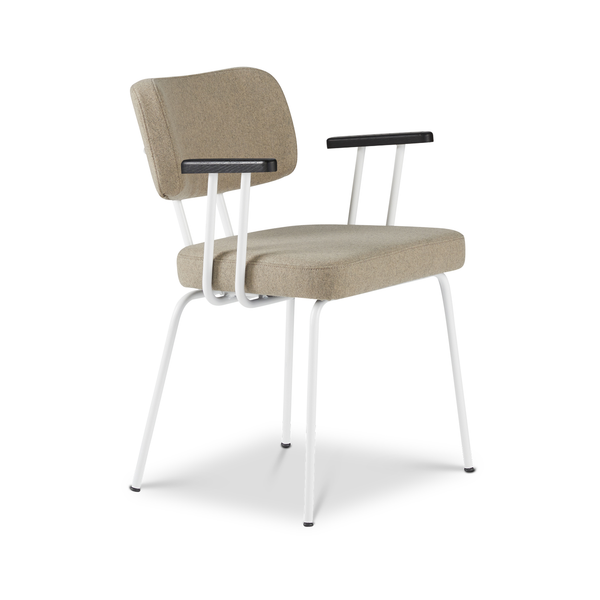 Ted eetkamerstoel met armleuning - new wool stone - wit onderstel - armleuning zwart