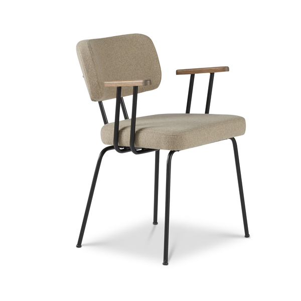 Ted eetkamerstoel met armleuning - new wool stone - zwart onderstel - armleuning tabacco