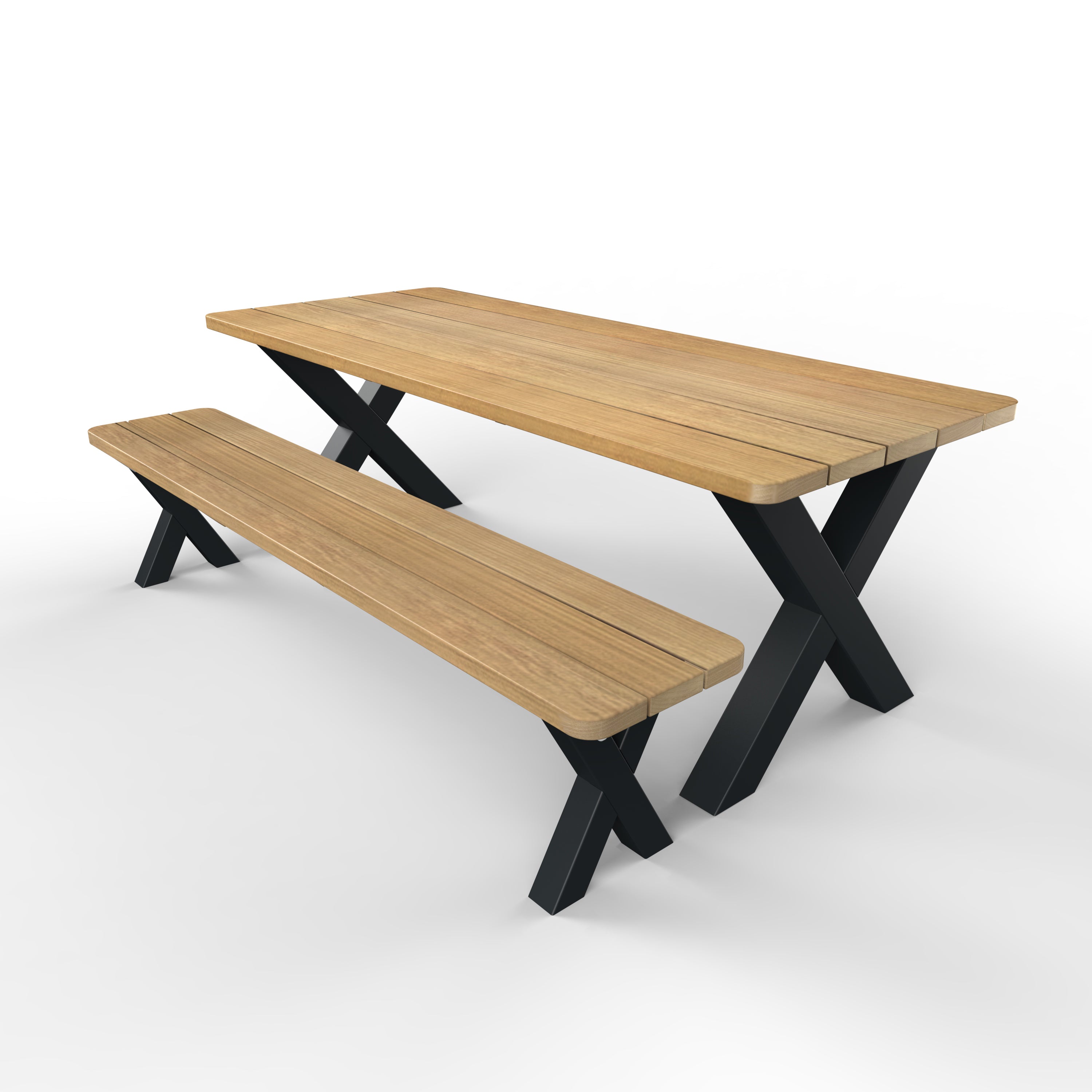 tuintafel en tuinbank rechthoek iroko hout stalen X-poten